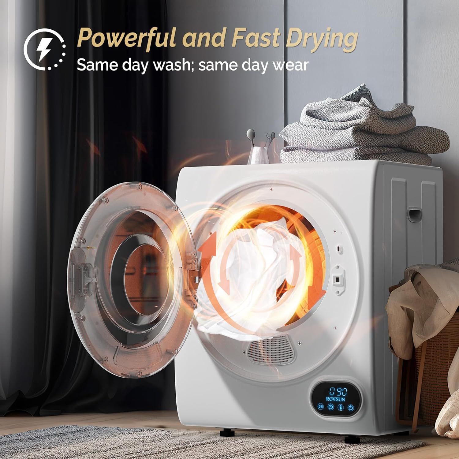 Communicates the dryer's powerful and fast drying capability, emphasizing the convenience of same-day wash and wear to appeal to busy shoppers.