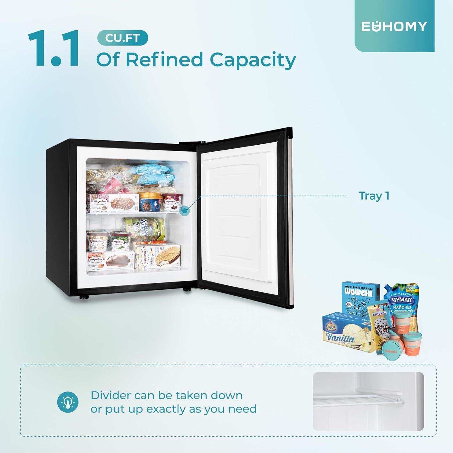 Communicates the storage capacity of the mini fridge to help shoppers understand how much food and beverages it can hold. Highlights the internal organization features including the removable…