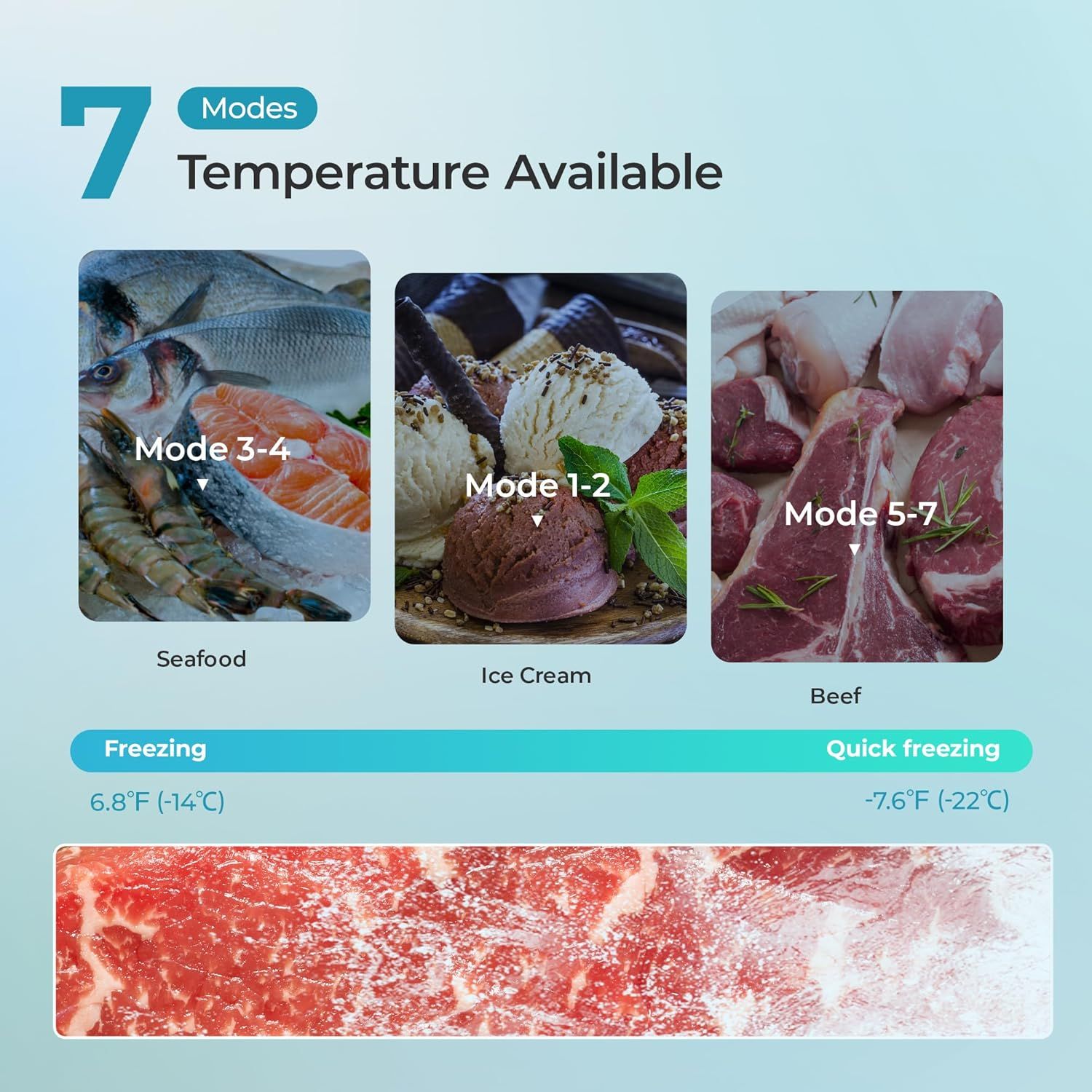 Demonstrates the product's versatility by showing 7 different temperature modes optimized for various food types (seafood, ice cream, beef), reassuring shoppers that the freezer can handle diverse…