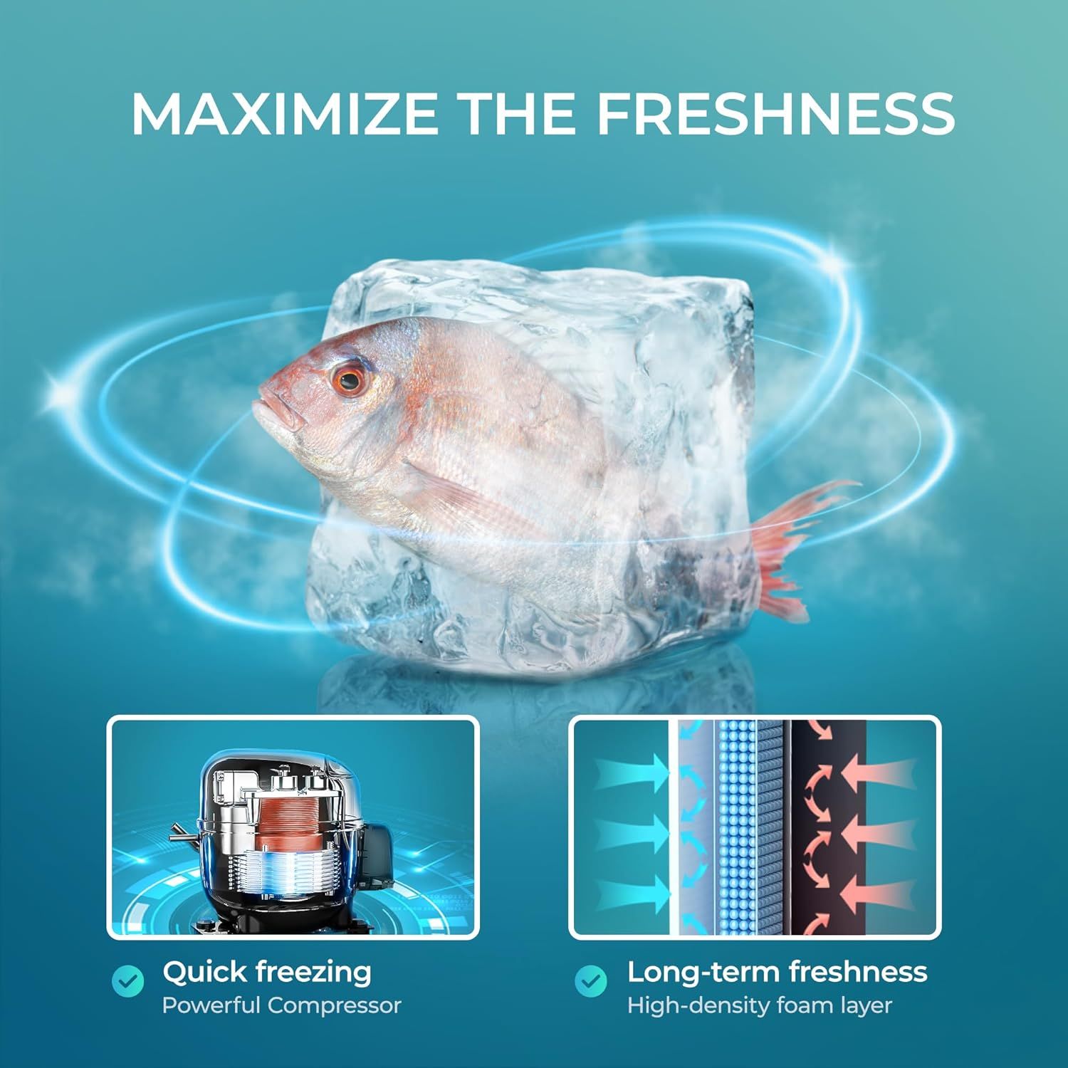 Communicates two distinct benefits of the freezer: quick freezing via a powerful compressor and long-term freshness through a high-density foam layer, reassuring shoppers of superior food…