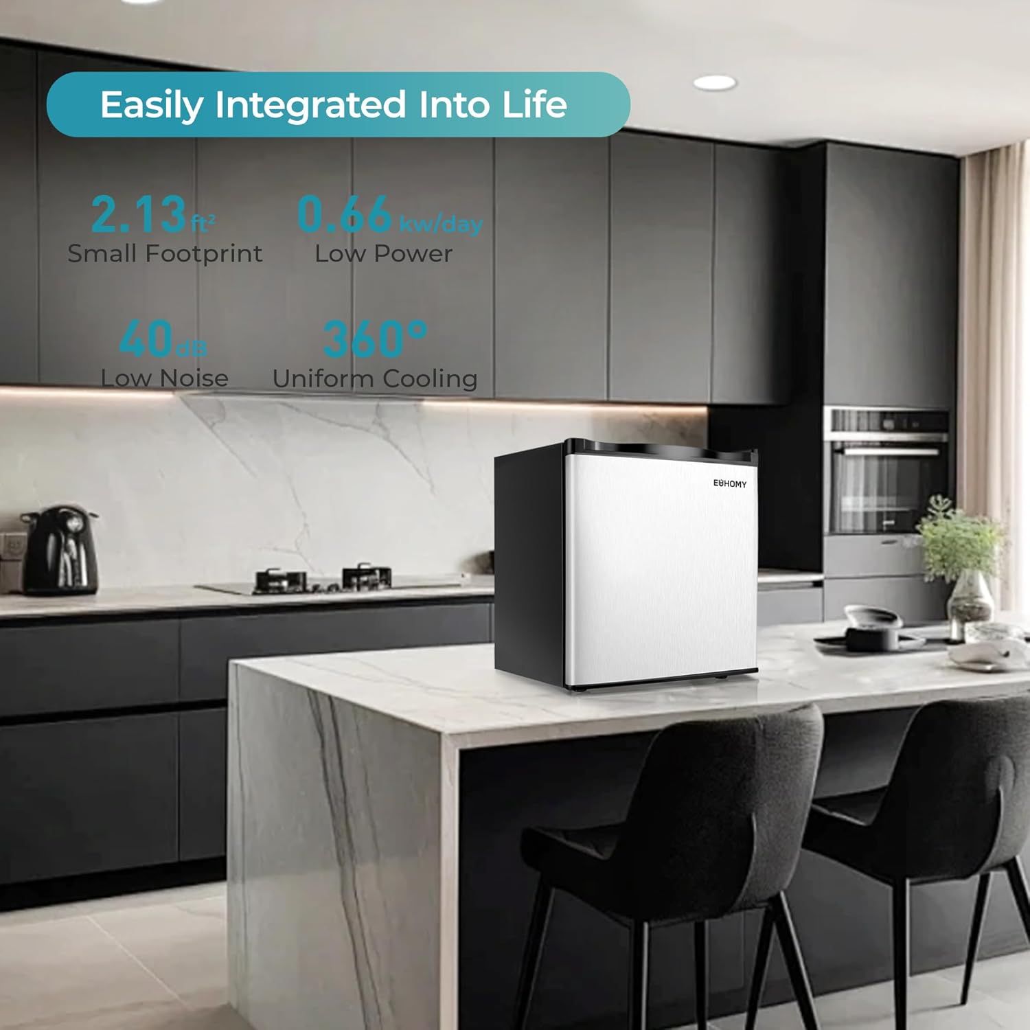 Communicates multiple key benefits of the mini fridge to show how it integrates seamlessly into daily life with its compact size, energy efficiency, quiet operation, and effective cooling performance.
