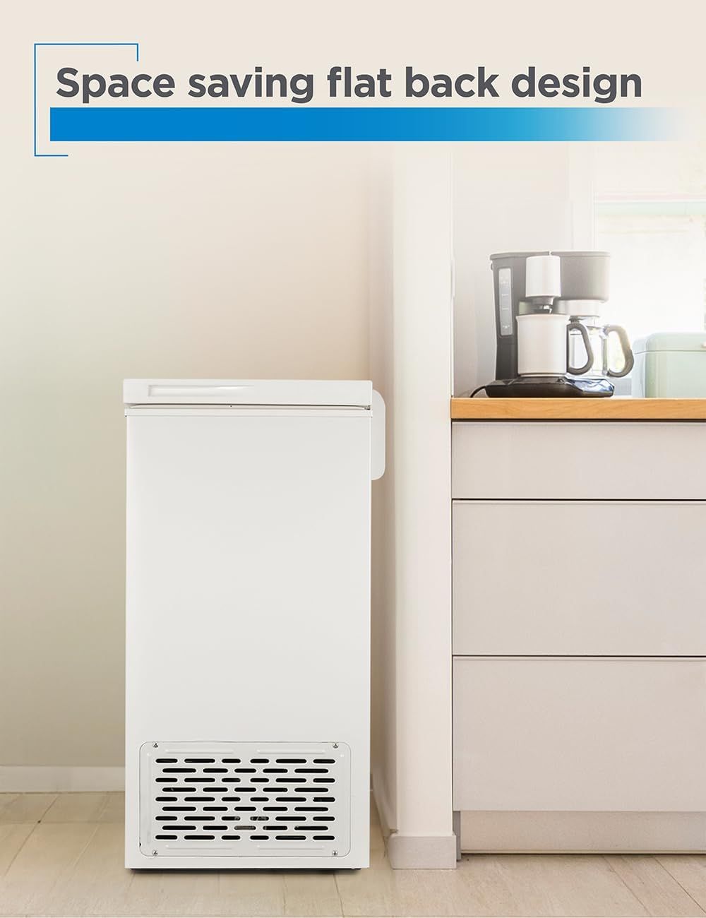 Communicates that the product has a flat back design that saves space and fits neatly against walls or in tight kitchen areas, making it ideal for compact living spaces.