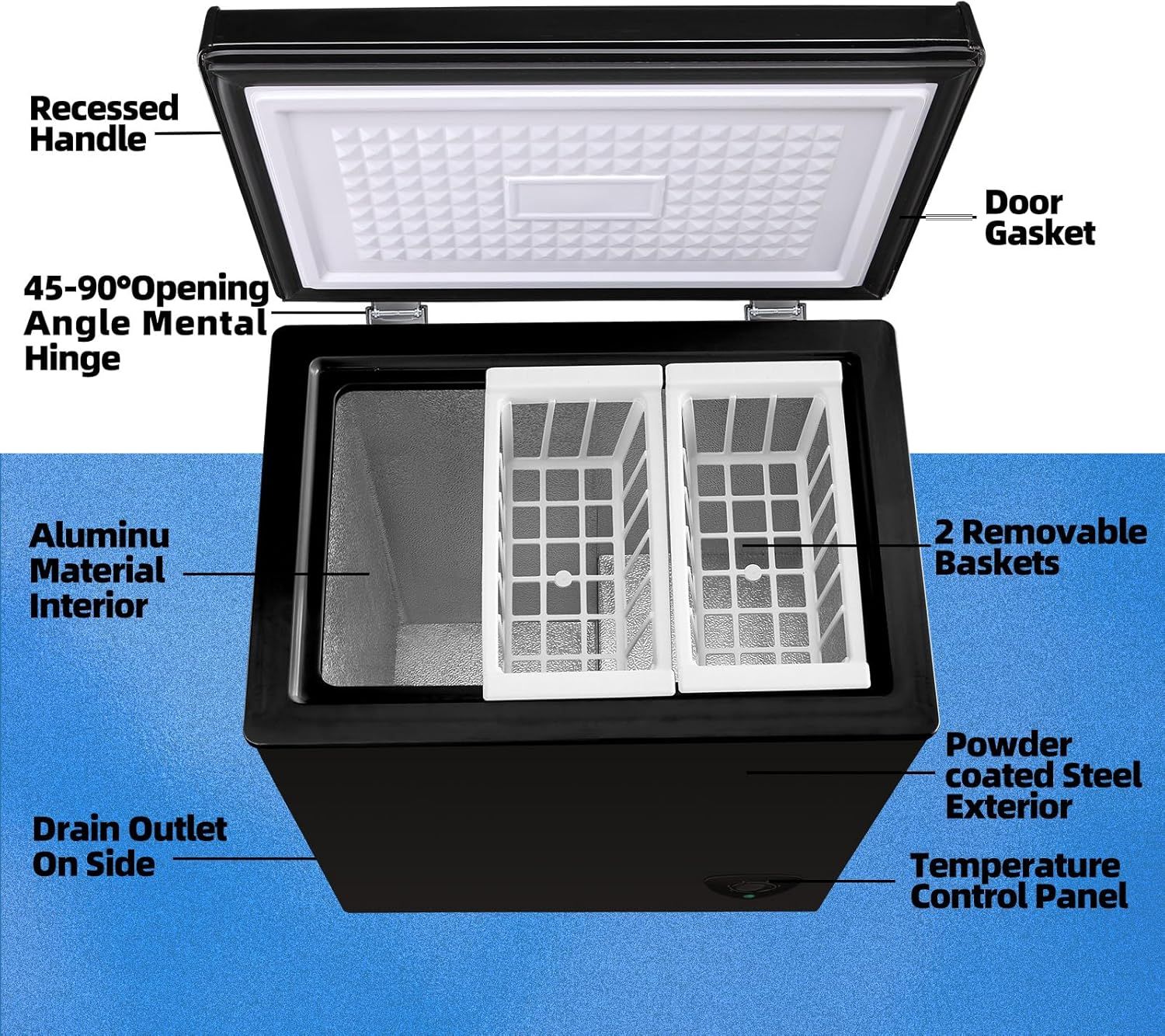 This image breaks down the physical components and structural features of the freezer to help shoppers understand what the product is made of and how it is constructed.