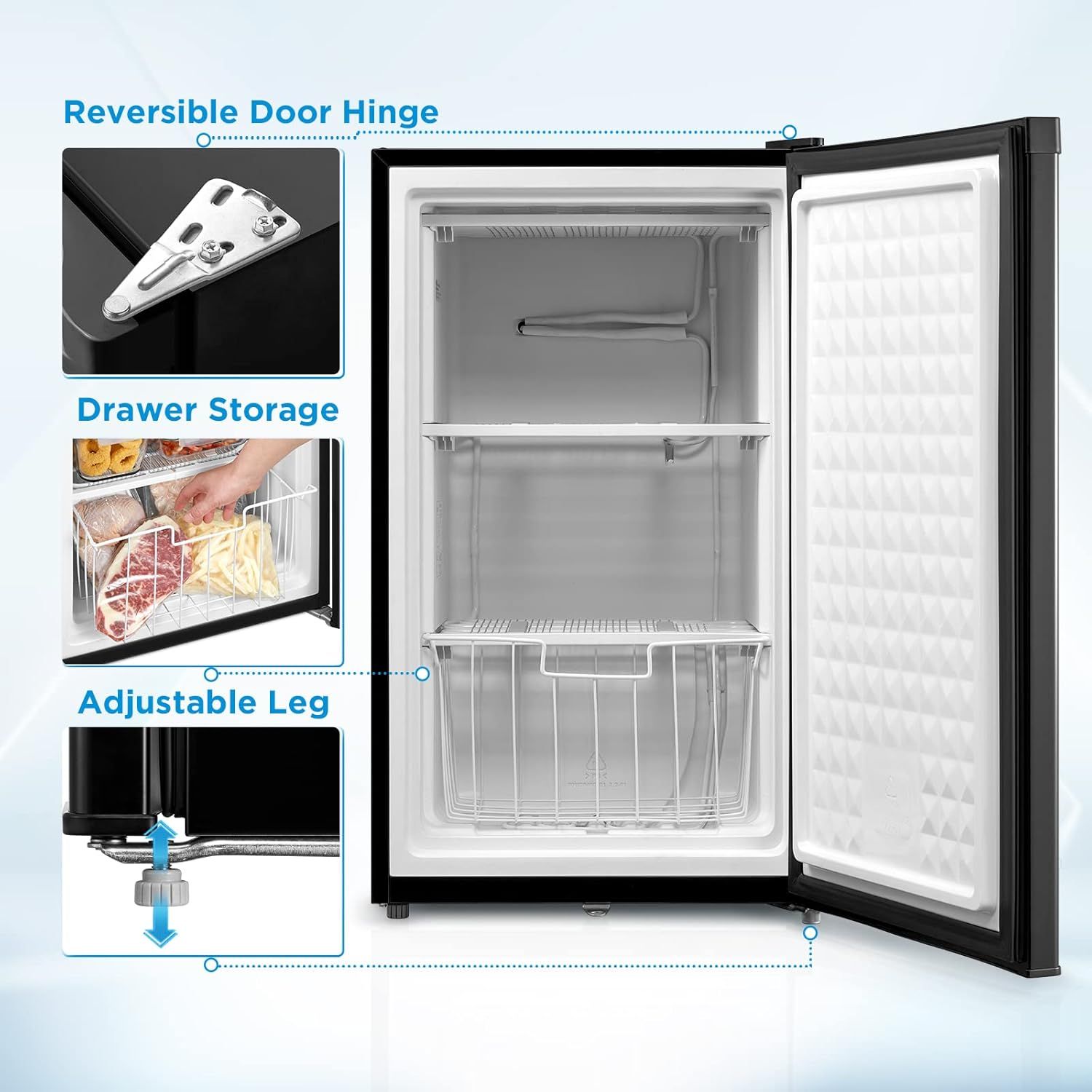 This image breaks down the physical components and features of the freezer, highlighting the reversible door hinge, drawer storage compartment, and adjustable leg to help shoppers understand the…