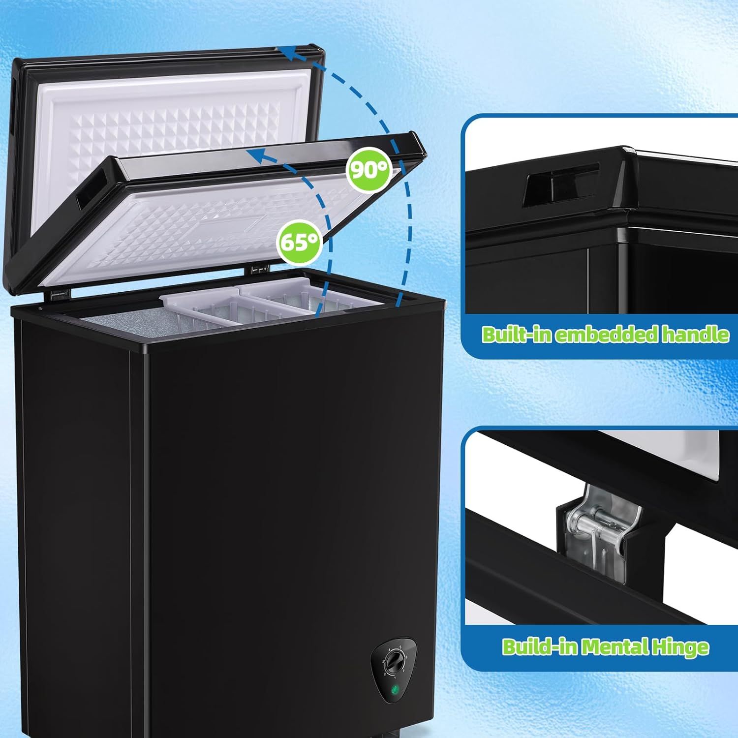 Highlights the physical components and design features of the freezer, including the adjustable lid opening angles, embedded handle, and durable metal hinge to demonstrate quality construction and…