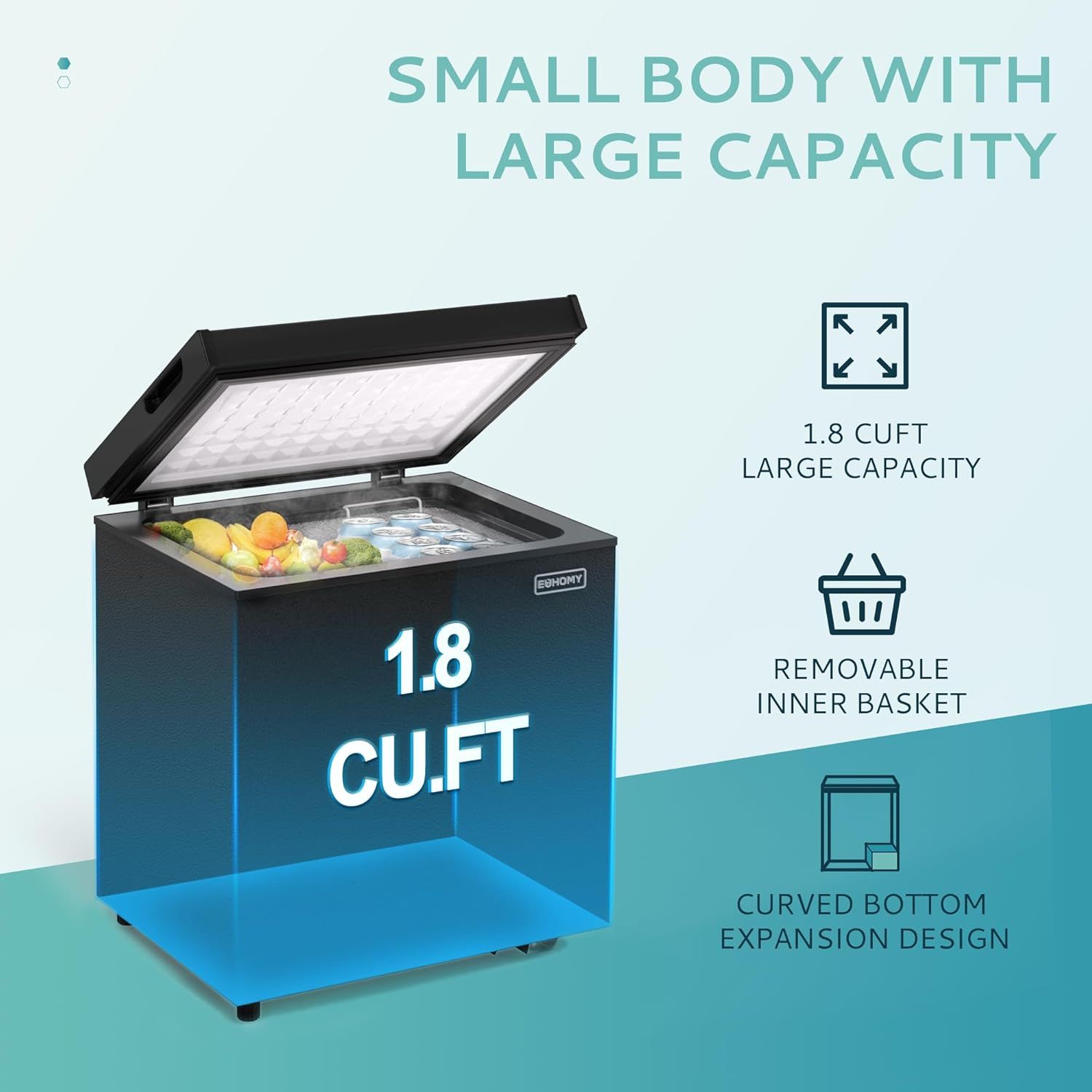 Communicates the large storage capacity of the compact freezer, emphasizing that despite its small body, it can hold 1.8 cubic feet of items. Highlights three distinct product benefits in a…