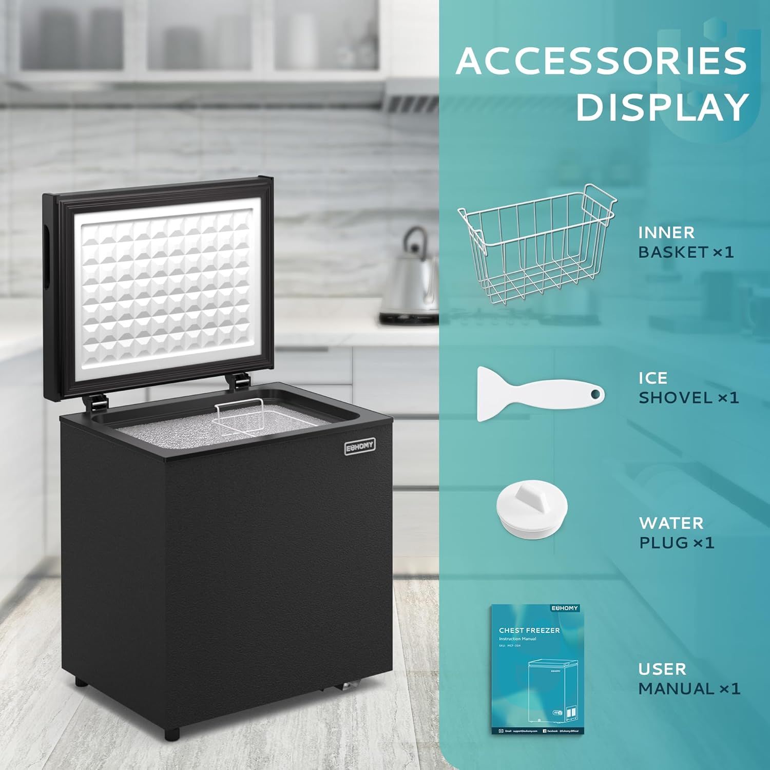 Shows all the accessories and items included with the chest freezer purchase to help shoppers understand the complete package they will receive.