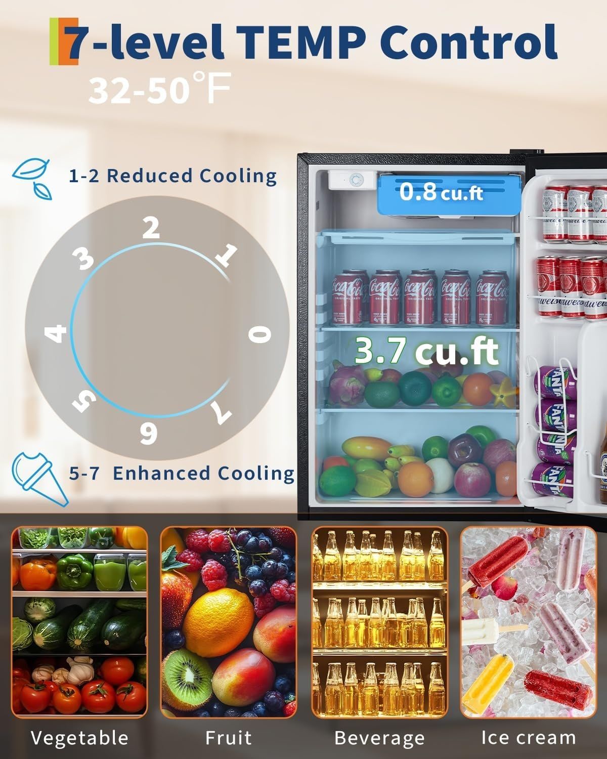 Communicates the refrigerator's versatile temperature control system (32-50°F range with 7 settings) and demonstrates its ability to store different types of items (vegetables, fruits, beverages,…