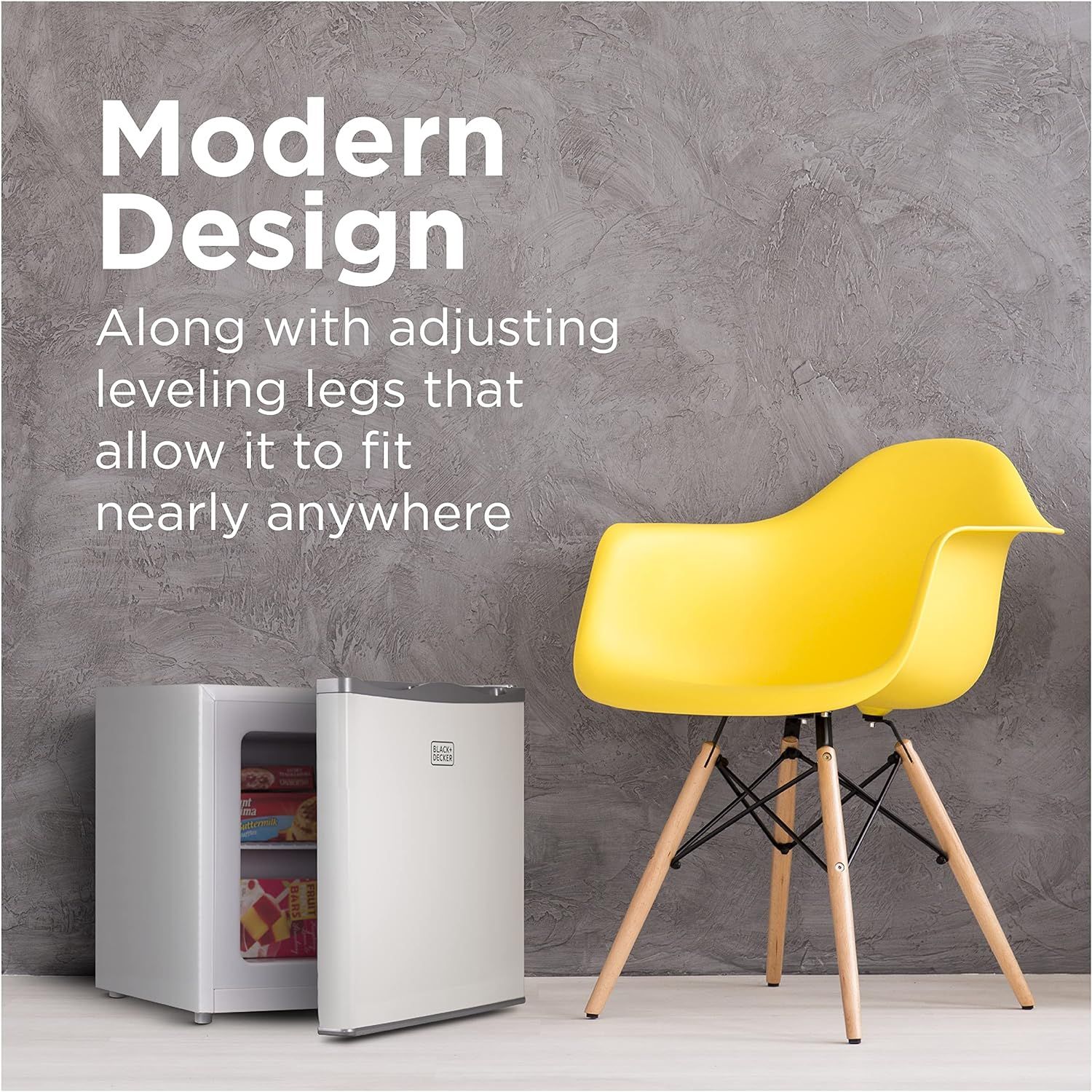 Communicates the product's modern aesthetic and versatile placement capability through adjustable leveling legs, reassuring shoppers it will fit in various spaces and complement contemporary decor.