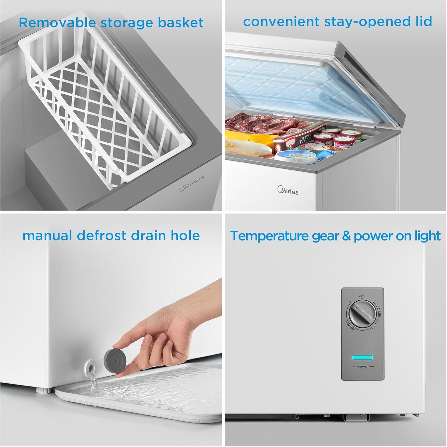 Showcases four distinct functional features of the freezer in a segmented layout to demonstrate versatility, convenience, and ease of use for shoppers.