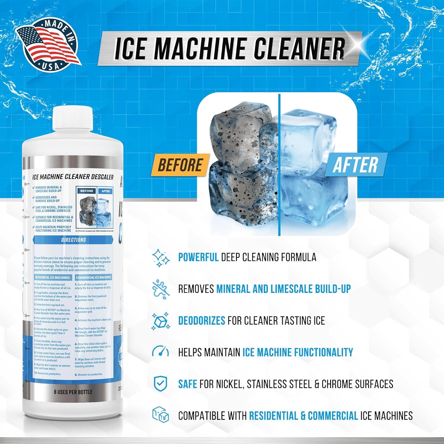 Demonstrates the product's effectiveness by showing dirty, mineral-stained ice cubes transformed into clean, clear ice cubes after using the cleaner. Highlights six distinct product benefits in a…