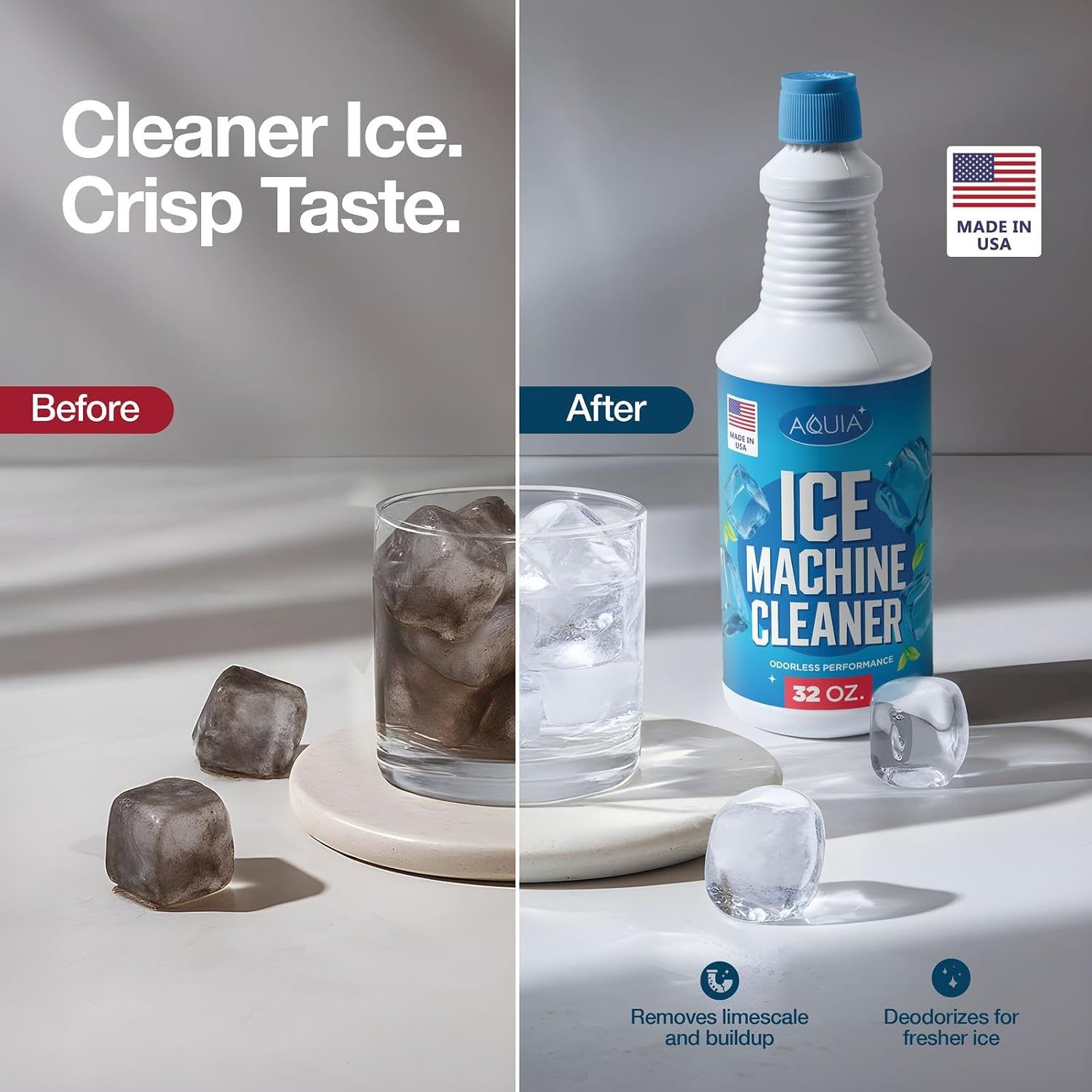Demonstrates the transformation from dirty, cloudy ice to clean, clear ice after using the ice machine cleaner, proving the product's effectiveness at removing limescale and improving ice quality.…