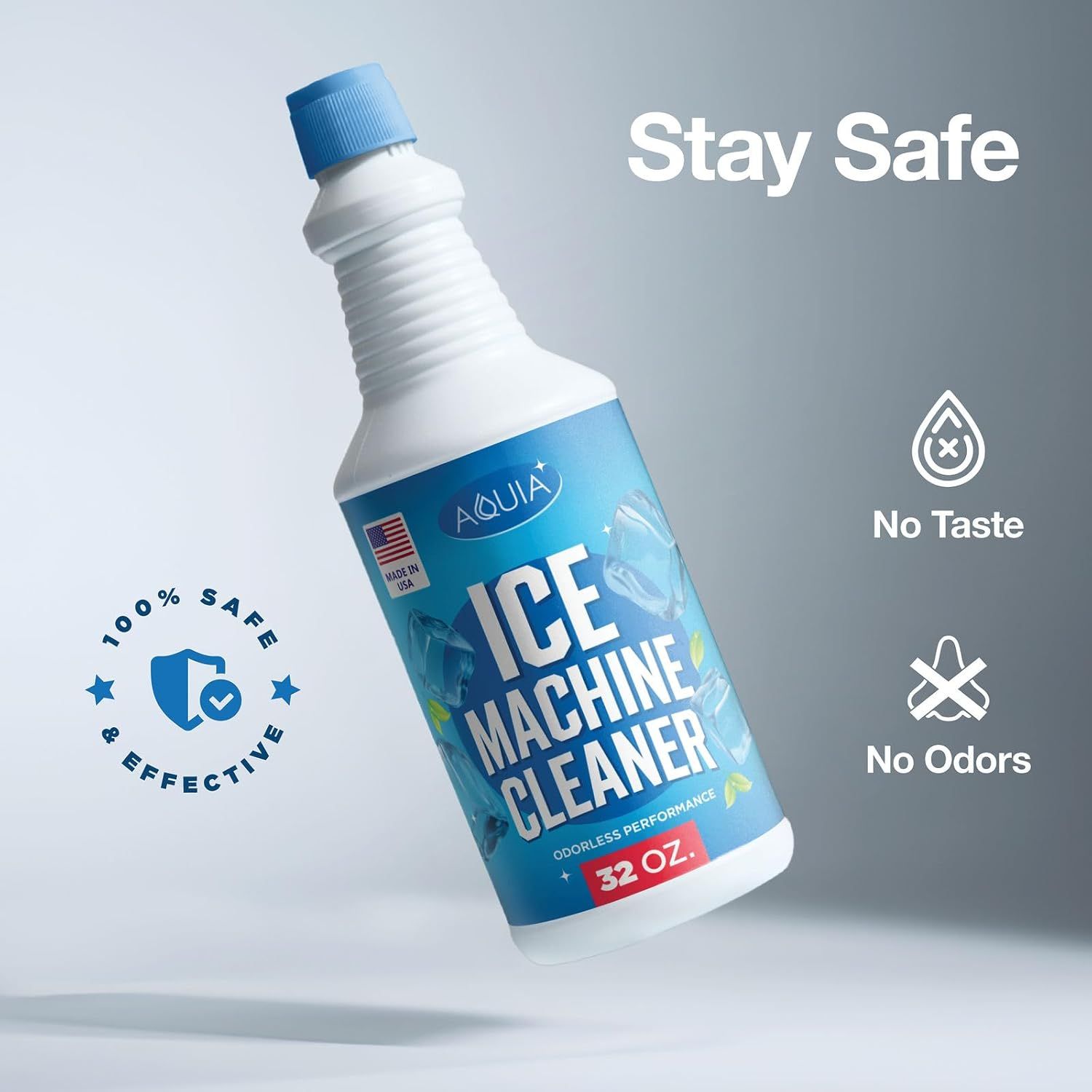 Communicates multiple key benefits of the ice machine cleaner: safety for use, no residual taste, and odorless performance to reassure shoppers of a clean,…
