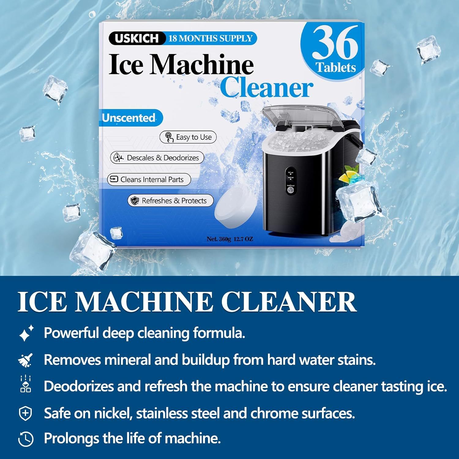Communicates multiple distinct benefits of the ice machine cleaner in a segmented, bulleted layout to show comprehensive cleaning and maintenance capabilities.