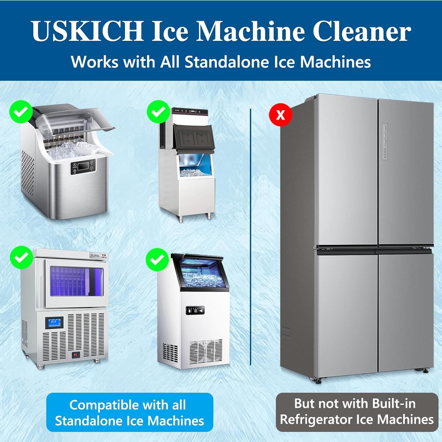 Demonstrates which types of ice machines the cleaner is compatible with (standalone models) and which it is not (built-in refrigerator ice machines), helping shoppers understand product applicability.