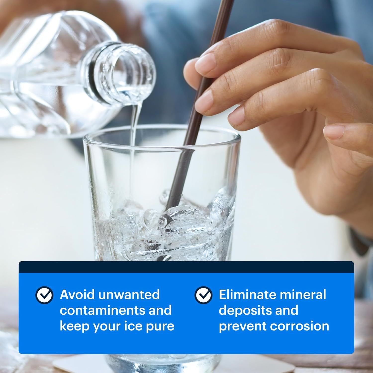 Communicates two distinct benefits of the product: keeping ice pure by avoiding contaminants and eliminating mineral deposits to prevent corrosion.