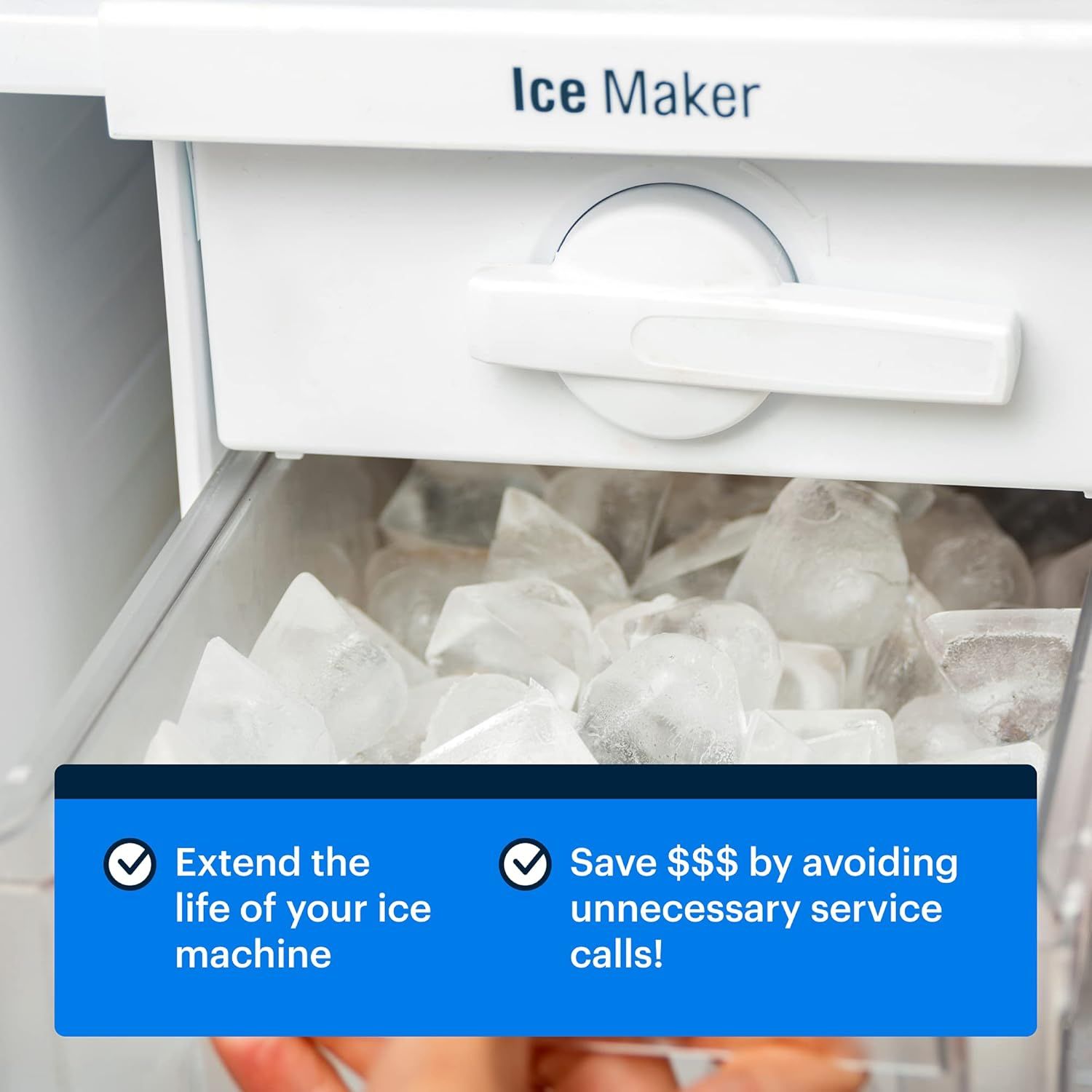 Communicates two distinct benefits of the product: extending the ice machine's lifespan and saving money by avoiding service calls.