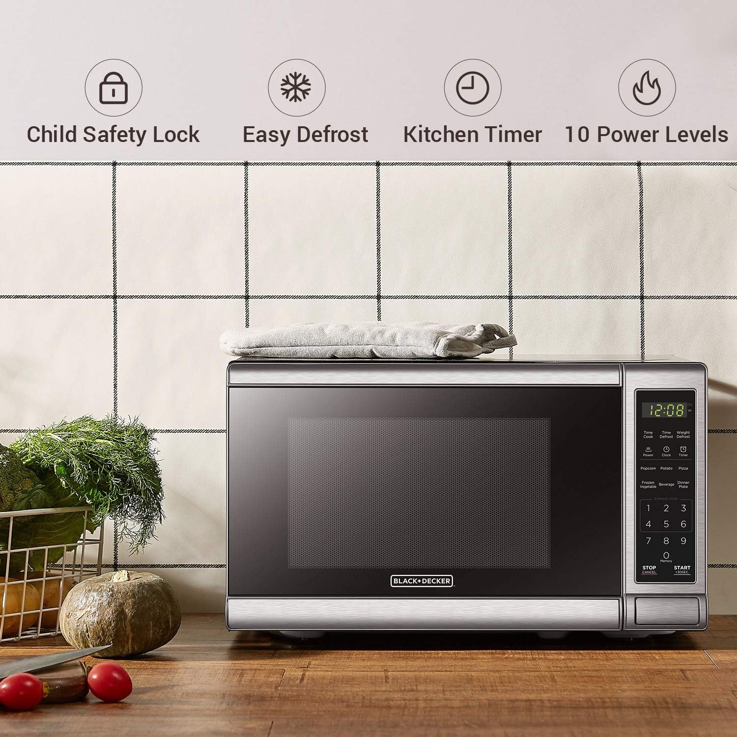 Communicates multiple key features of the microwave in a segmented layout to help shoppers understand the product's versatility and convenience across safety, defrosting, timing, and power control.