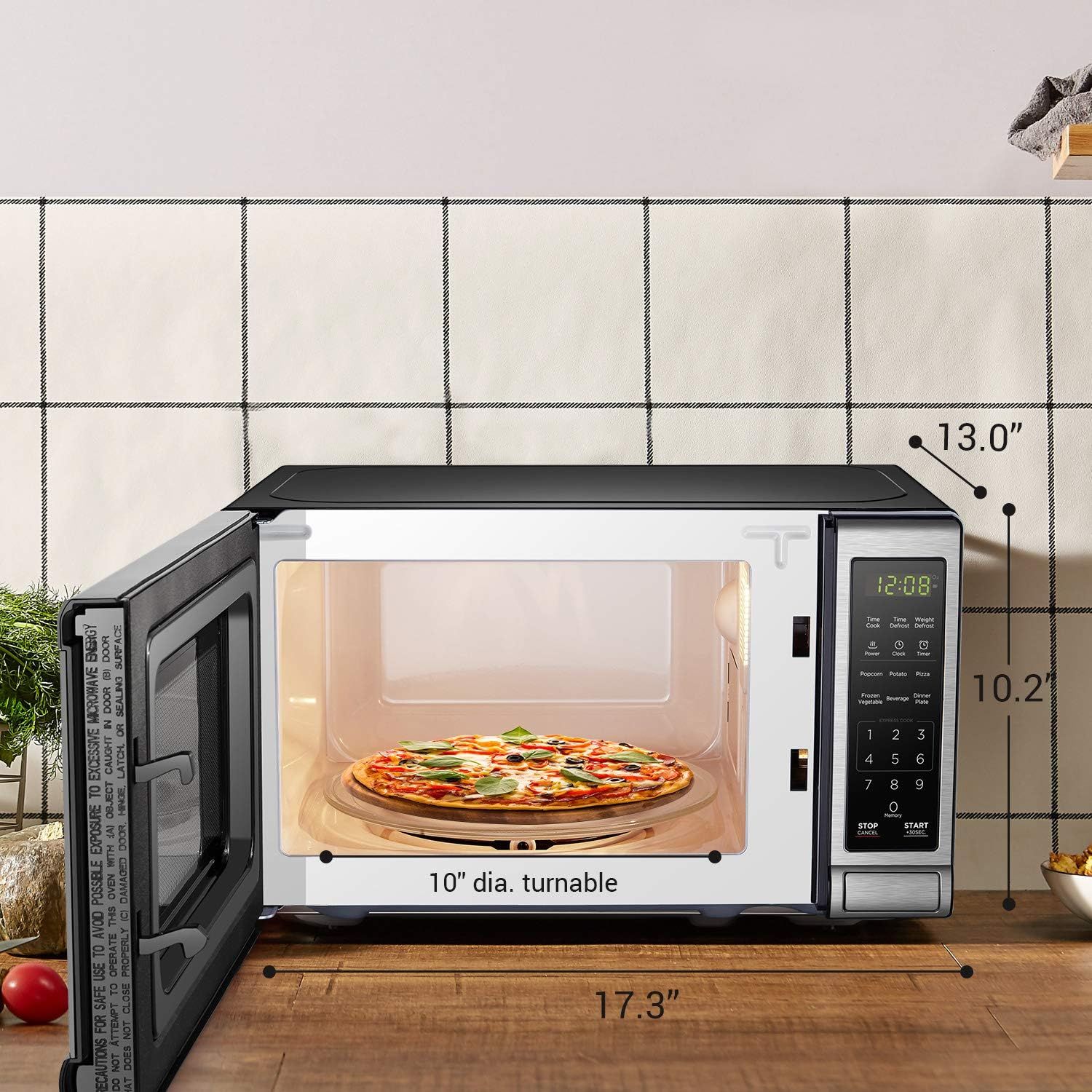 Communicates the exact physical dimensions of the microwave (17.3" width, 13.0" depth, 10.2" height) and the interior turntable size (10" diameter) to help shoppers assess whether it will fit their…