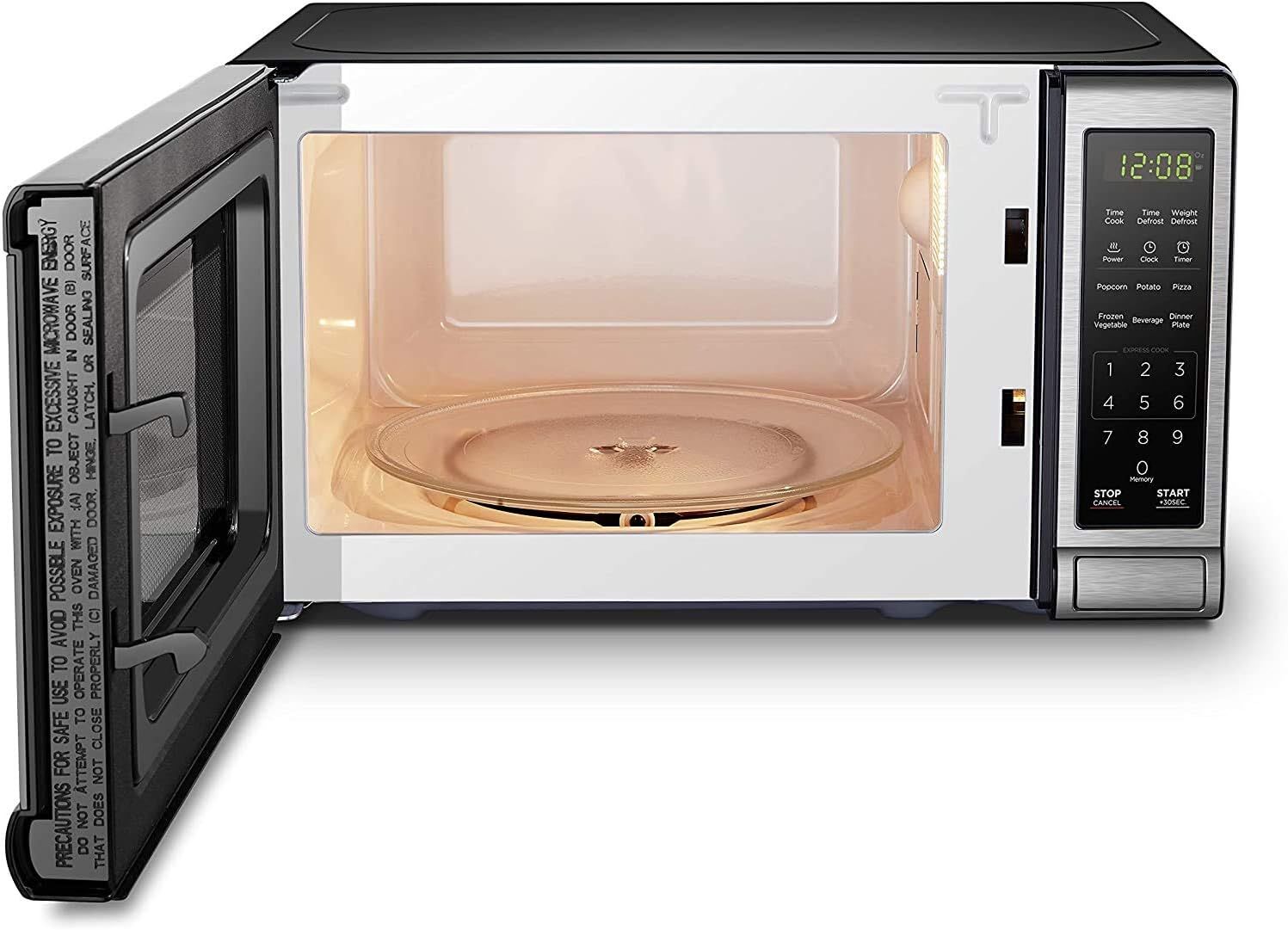 Provides a clear view of the microwave's interior cavity, turntable, and control panel to help shoppers understand the product's design and usability.