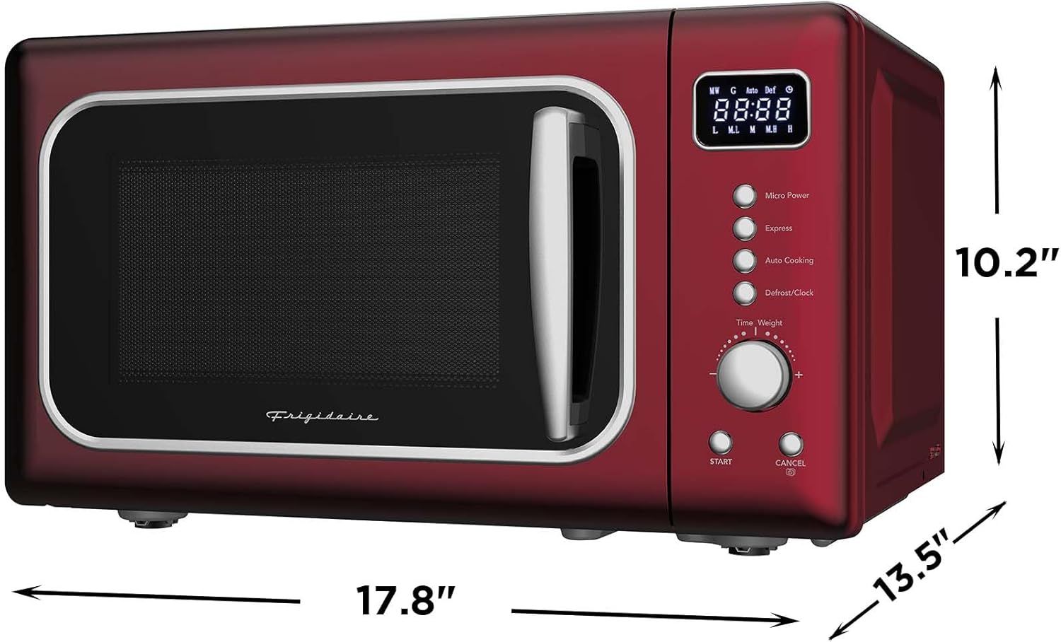 Communicates the exact physical dimensions of the microwave (17.8" x 10.2" x 13.5") to help shoppers determine if it will fit in their kitchen space.