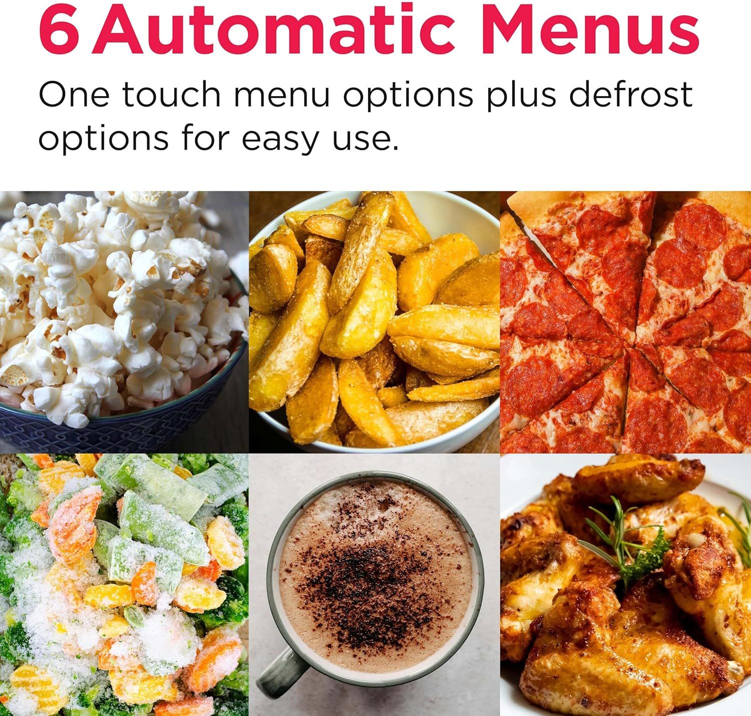 Demonstrates the versatility of the appliance by showing six different types of food it can prepare, from popcorn to pizza to chicken, reassuring shoppers that one device can handle multiple cooking…