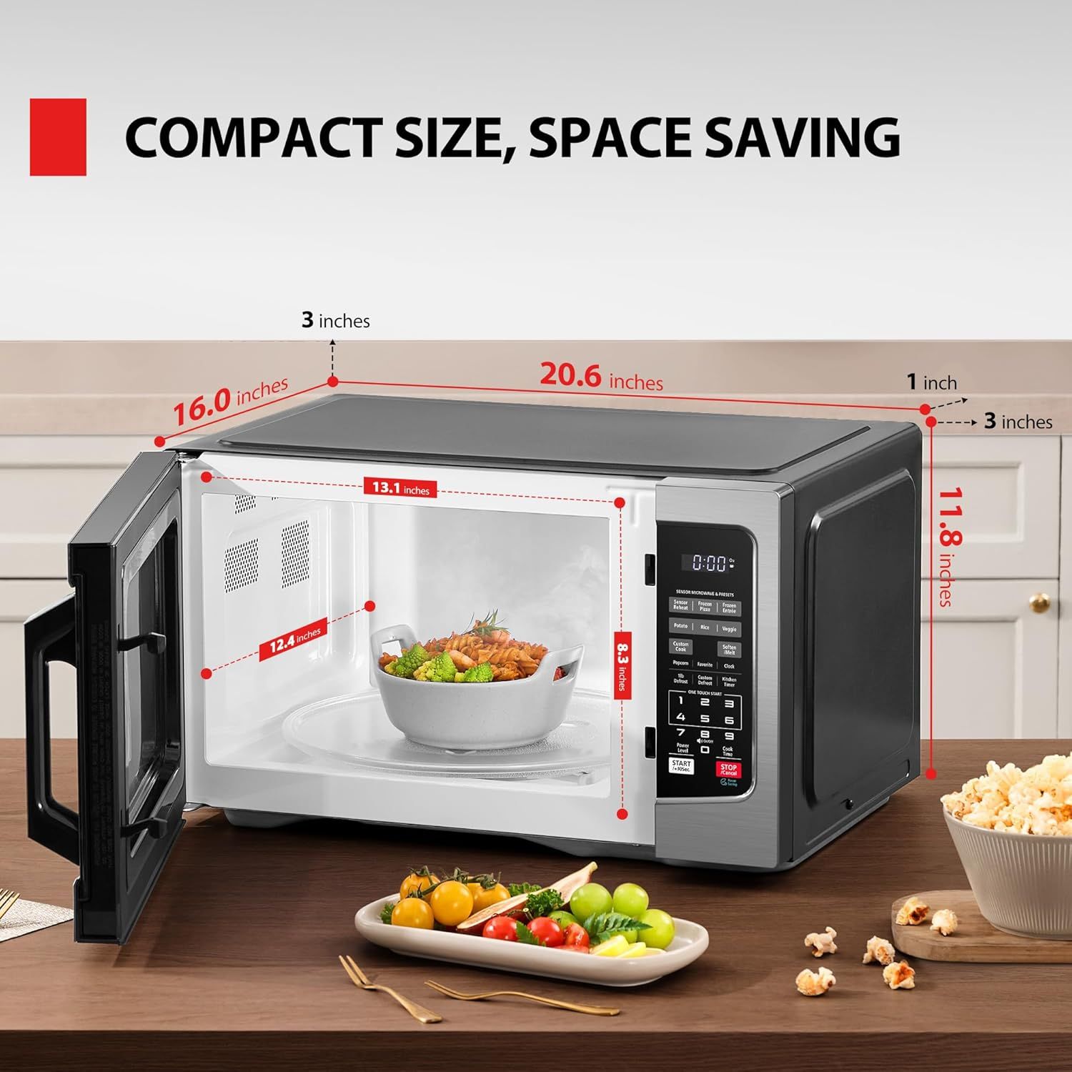 Communicates the exact physical dimensions of the microwave to help shoppers understand its compact footprint and confirm it will fit in their kitchen space. Reinforces the primary benefit that this…