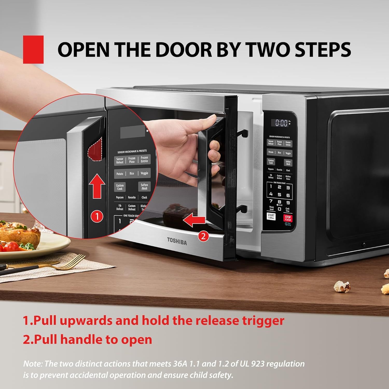 Demonstrates the two-step process for opening the microwave door safely, reassuring shoppers about the child-safety feature that prevents accidental operation. Highlights the product's child safety…