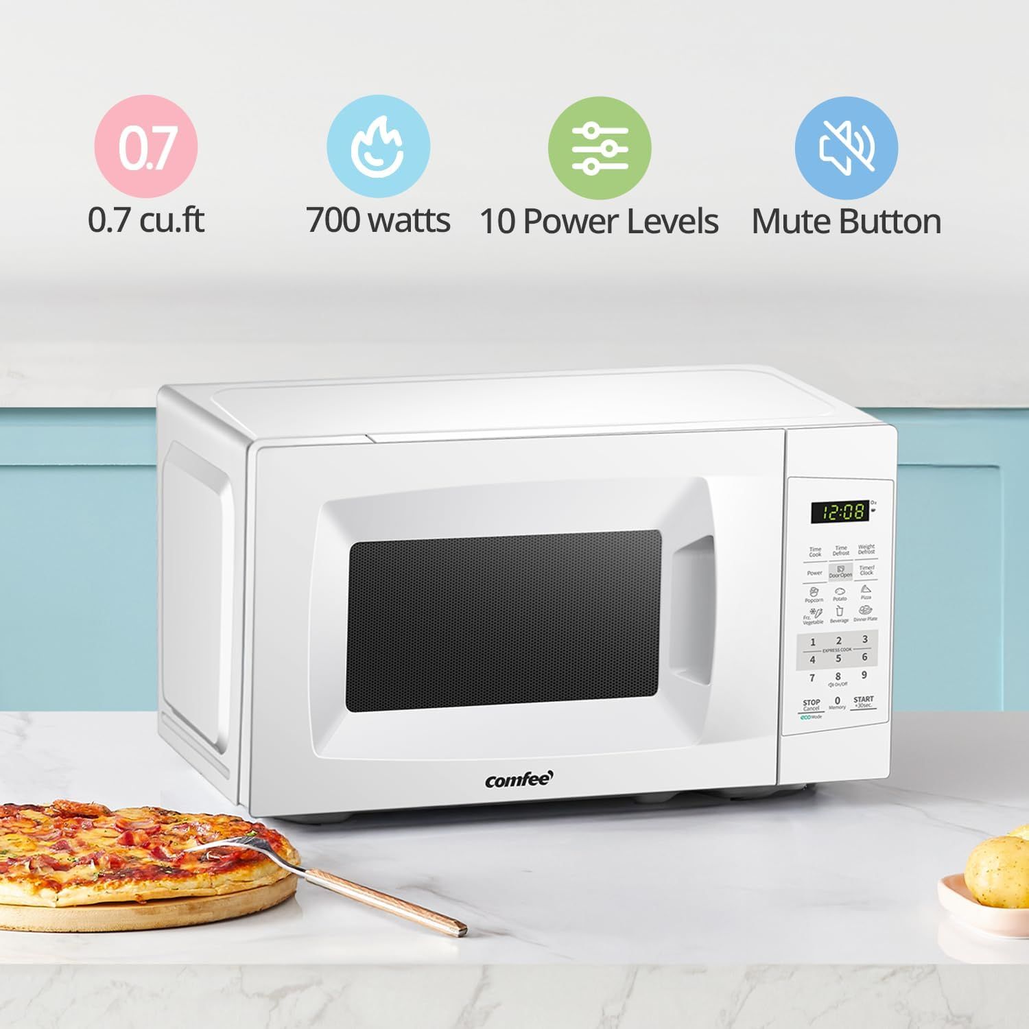 Communicates multiple key specifications and features of the microwave in a segmented layout to help shoppers quickly understand the product's capacity, power, control options, and convenience…