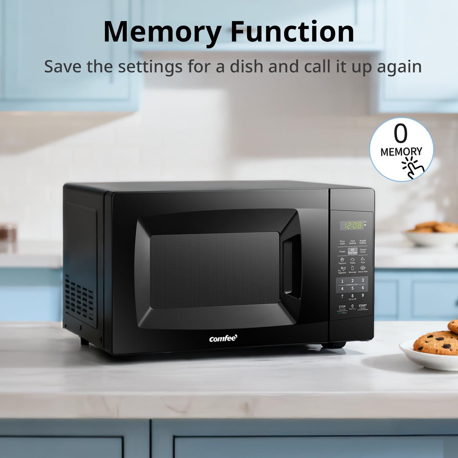 Highlights the microwave's memory function feature, which allows users to save and recall cooking settings for convenience and ease of use.