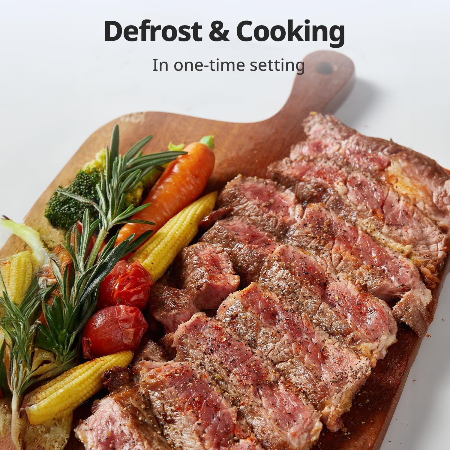 Communicates the convenience of being able to defrost and cook food in a single setting, saving time and simplifying meal preparation.