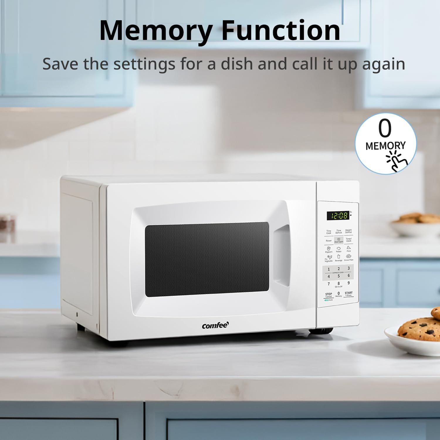 Highlights the microwave's memory function feature, which allows users to save and recall cooking settings for frequently prepared dishes, emphasizing convenience and ease of use.
