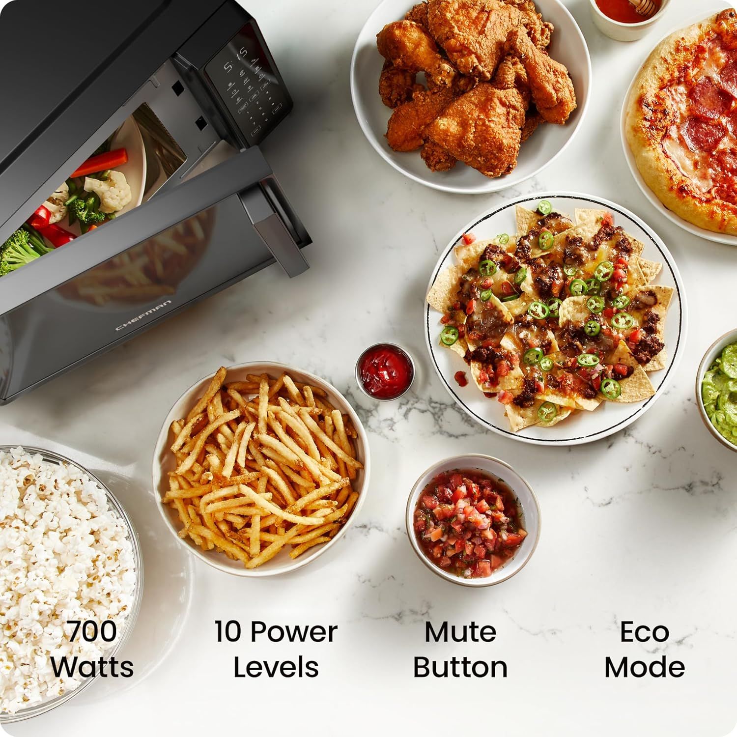 Communicates multiple key features of the microwave to show its versatility, power, and convenience for cooking various foods.