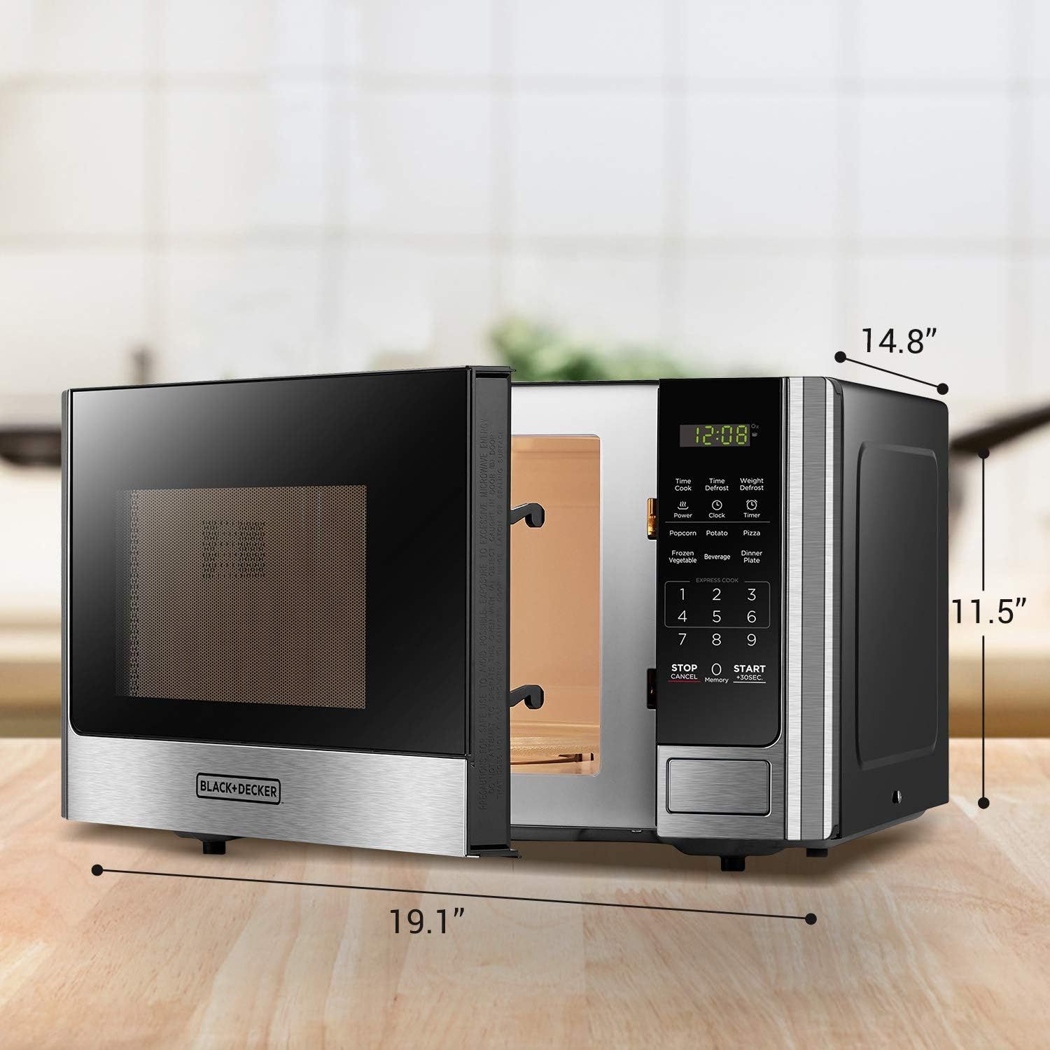 Communicates the exact physical dimensions of the microwave (19.1 x 14.8 x 11.5 inches) to help shoppers determine if it will fit in their kitchen space.