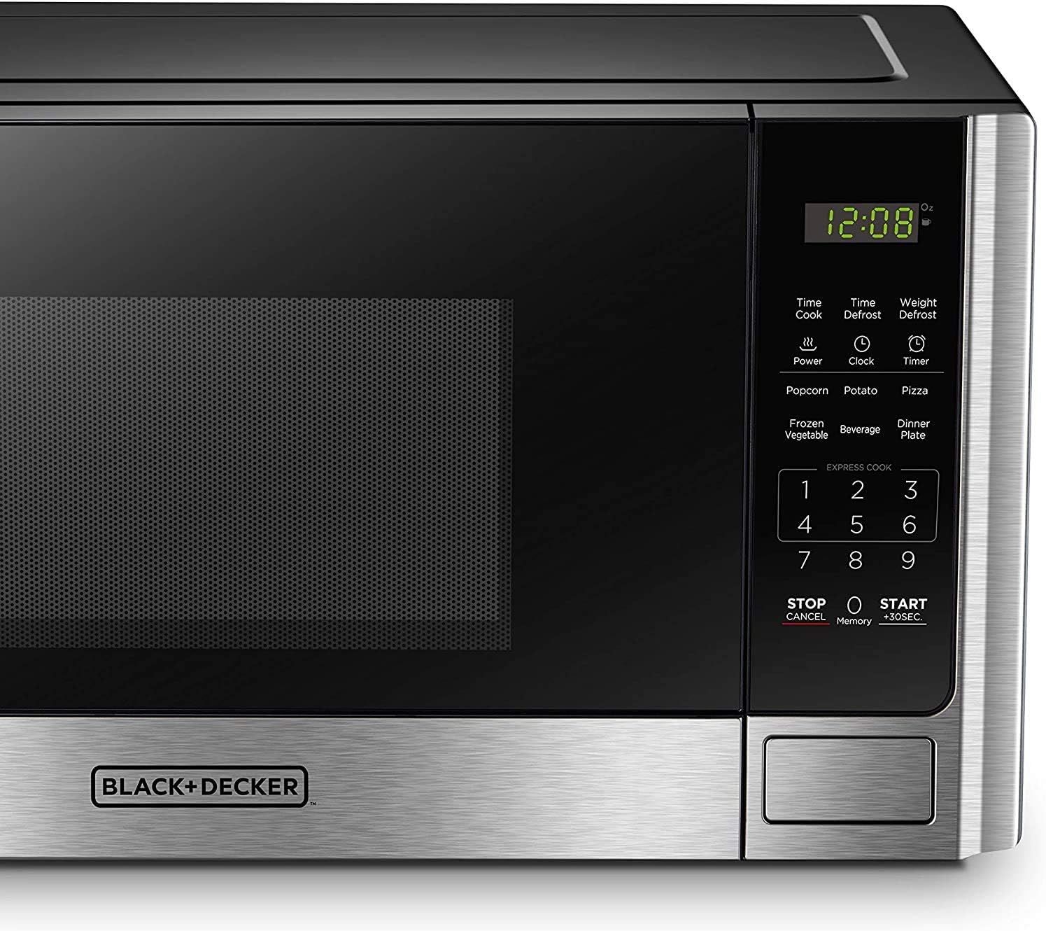 Provides a clean, catalog-style view of the microwave showing its control panel, digital display, and BLACK+DECKER branding to help shoppers understand the product's appearance and interface.