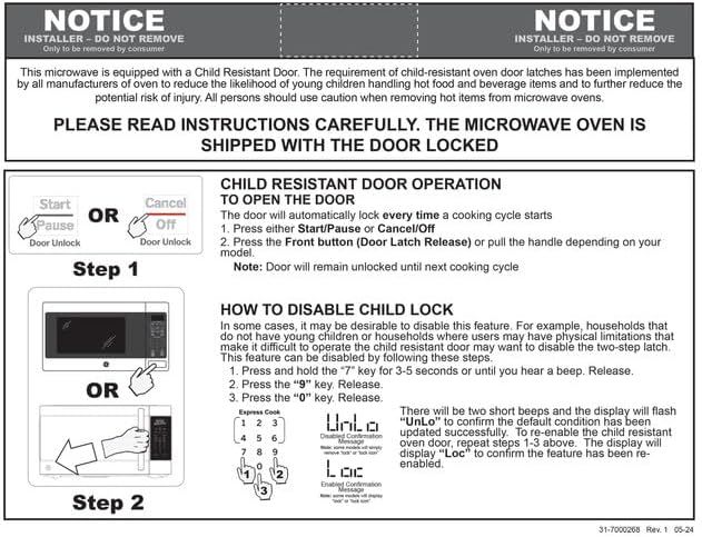 This installer notice provides step-by-step instructions for operating the child-resistant door feature and disabling the child lock, ensuring safe and proper use of the microwave oven.