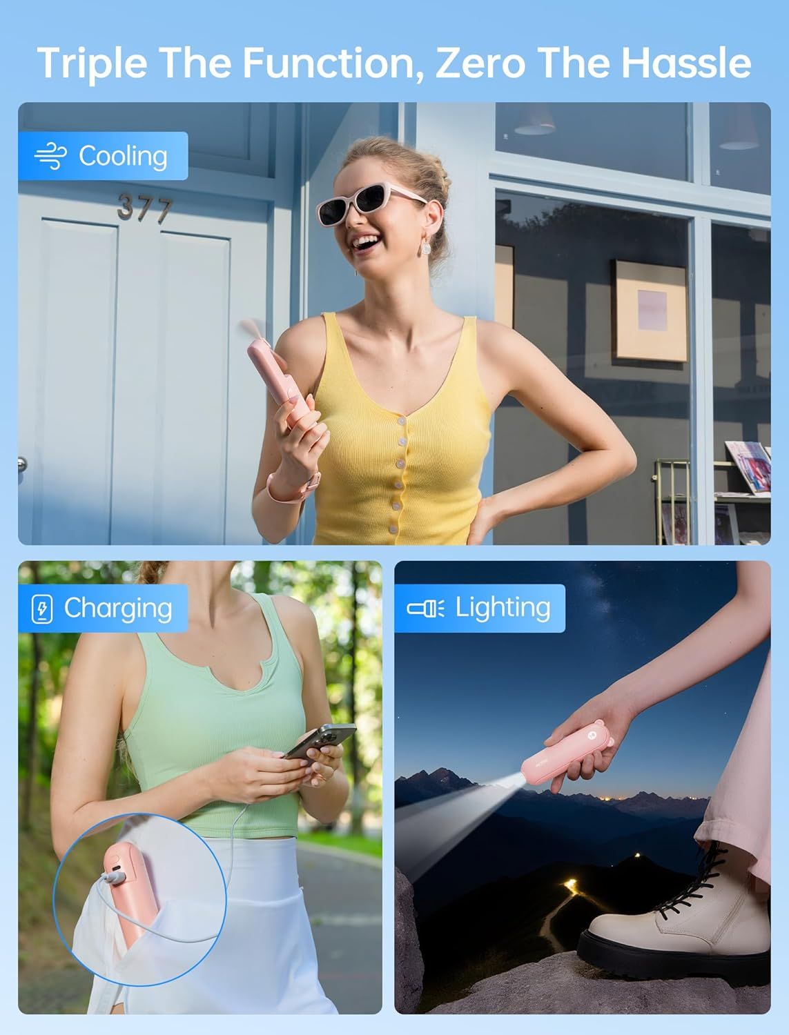 Demonstrates the product's versatility by showing three distinct use cases: cooling function for hot weather, charging capability for on-the-go power, and lighting feature for nighttime visibility.…