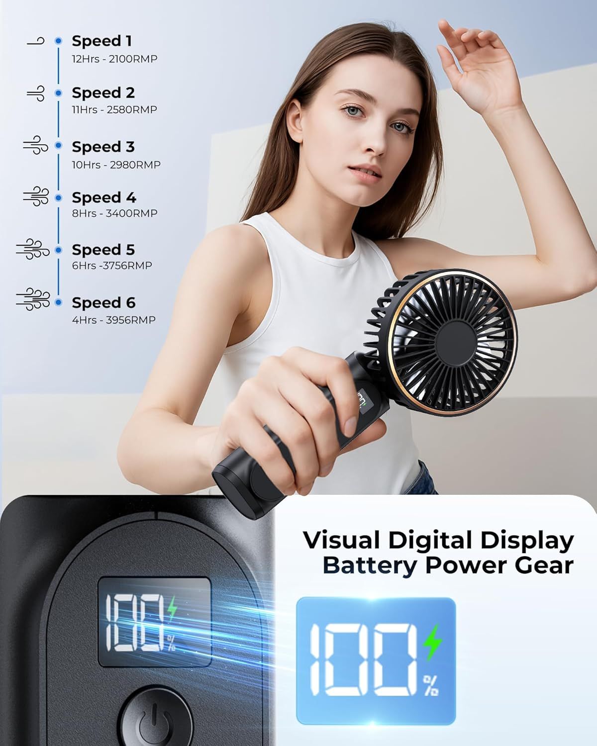 Communicates the product's versatility with six adjustable speed settings and the convenience of a visual digital battery display, helping shoppers understand…
