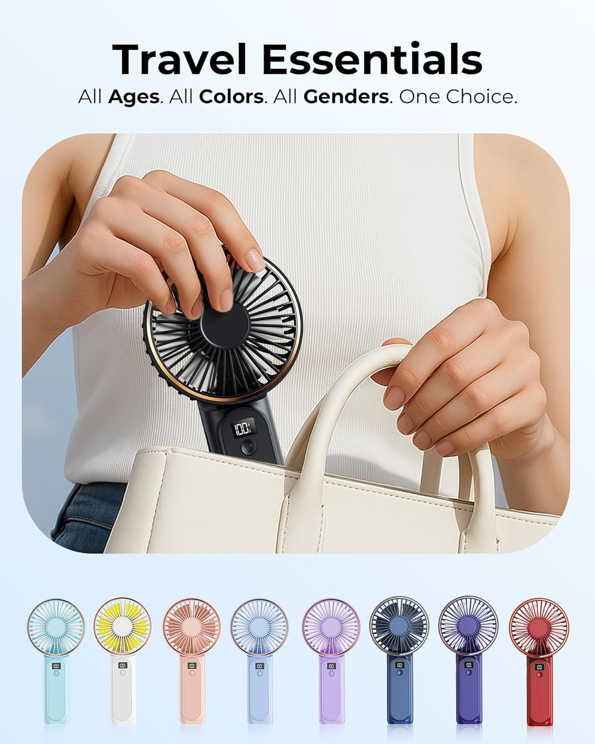 Showcases the brand's full product lineup of portable fans in multiple color options, helping shoppers choose their preferred variant while emphasizing…