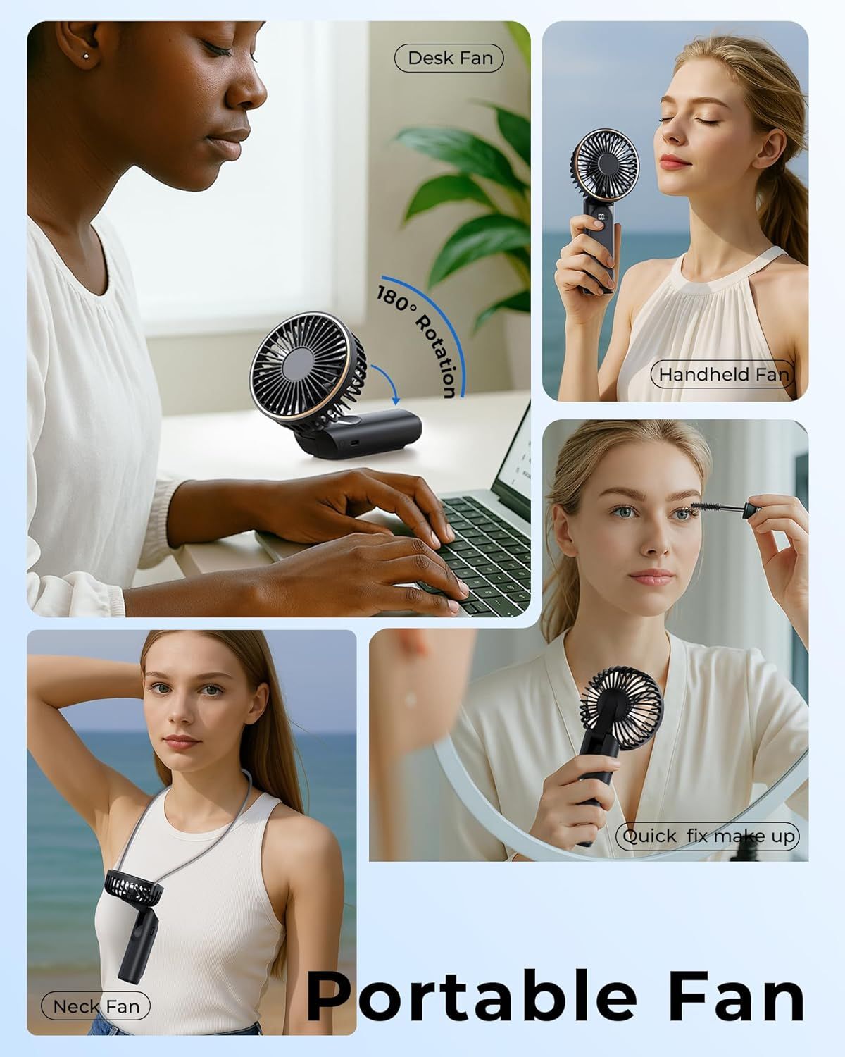 Demonstrates the versatility of the portable fan by showing multiple real-world applications and usage scenarios, reassuring shoppers that the product adapts…