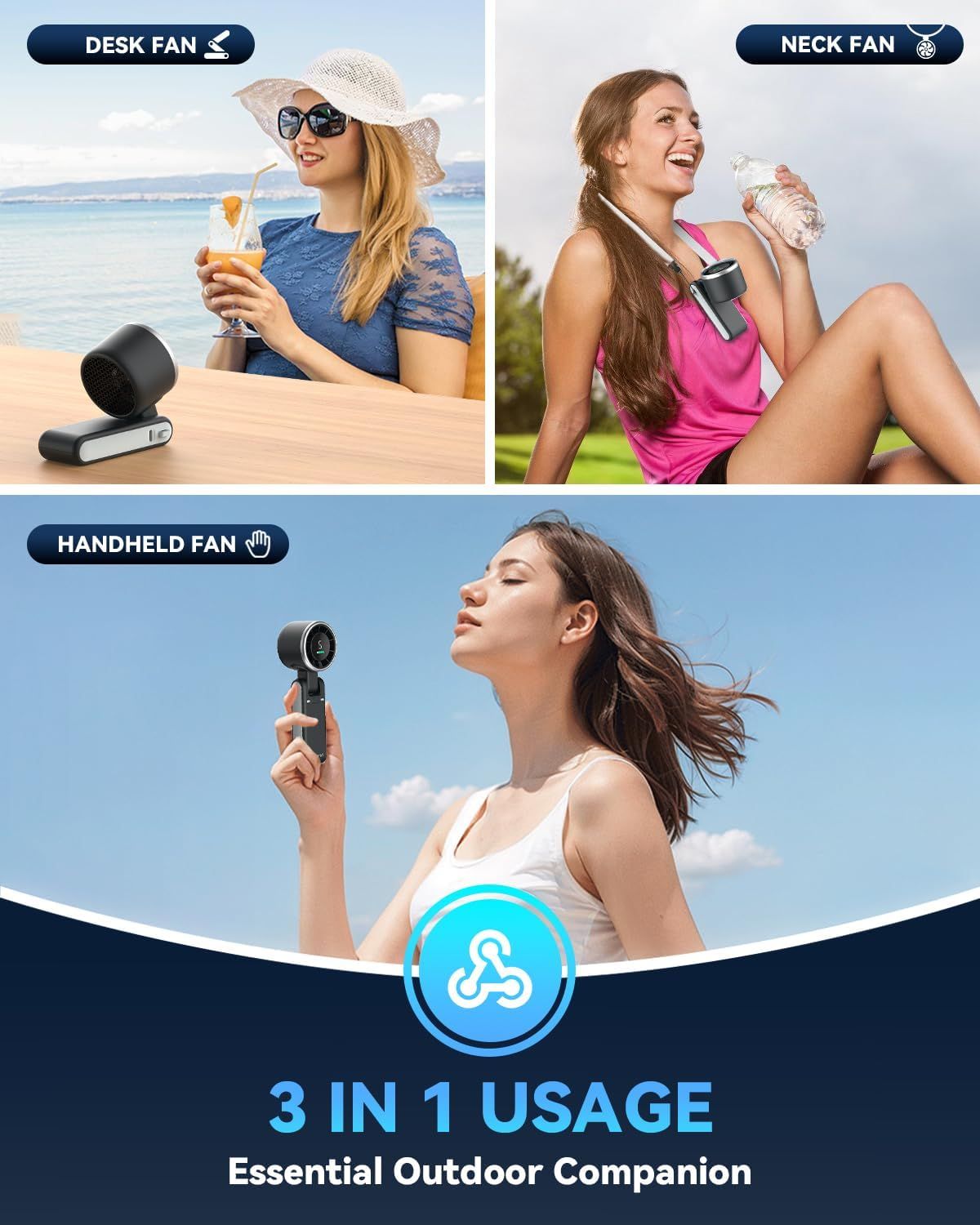Demonstrates the product's versatility by showing three distinct use cases (desk, neck-worn, handheld) to communicate that this fan adapts to multiple outdoor…