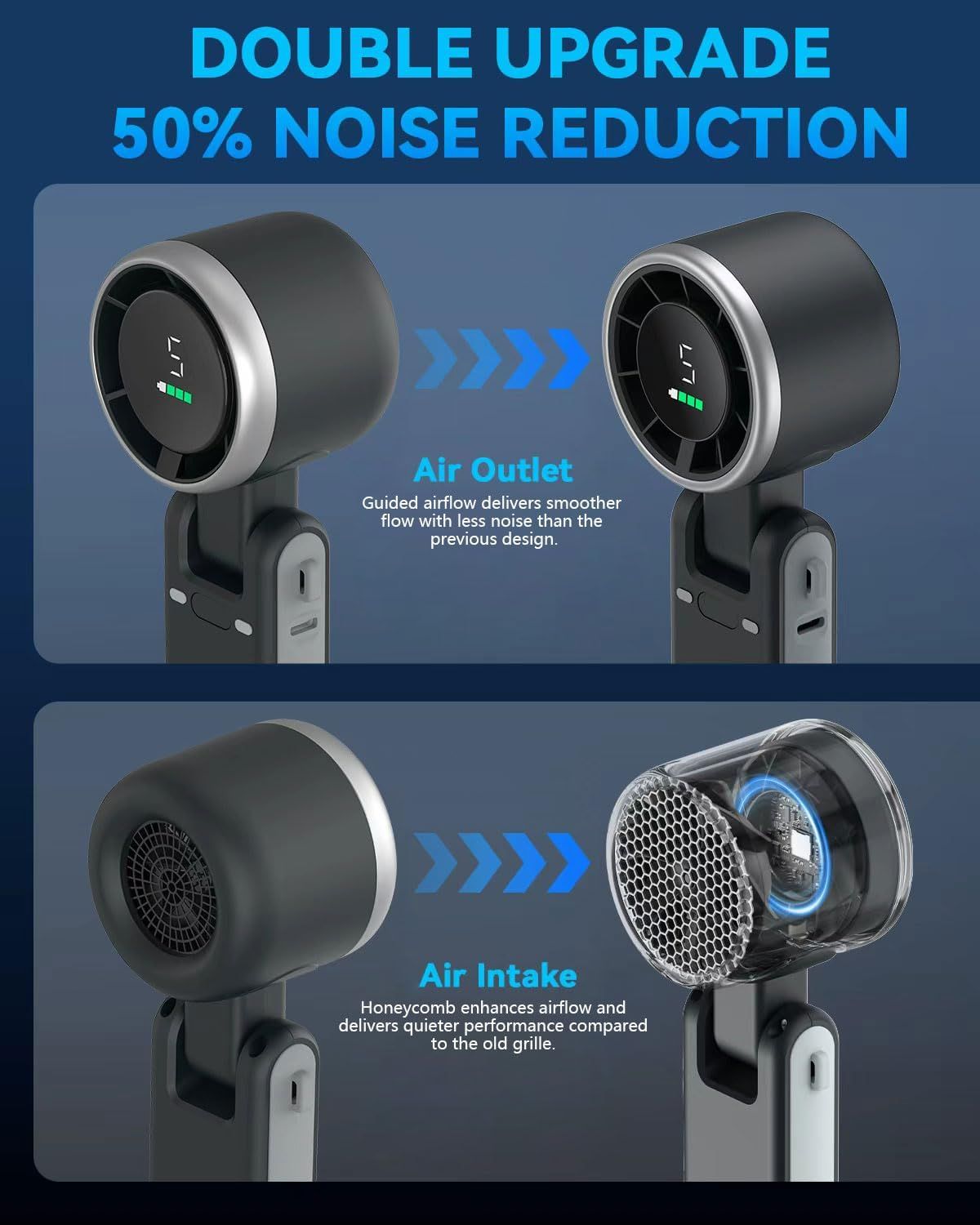 Breaks down the product's physical components (air outlet and air intake) to show how the upgraded design achieves 50% noise reduction through guided airflow…