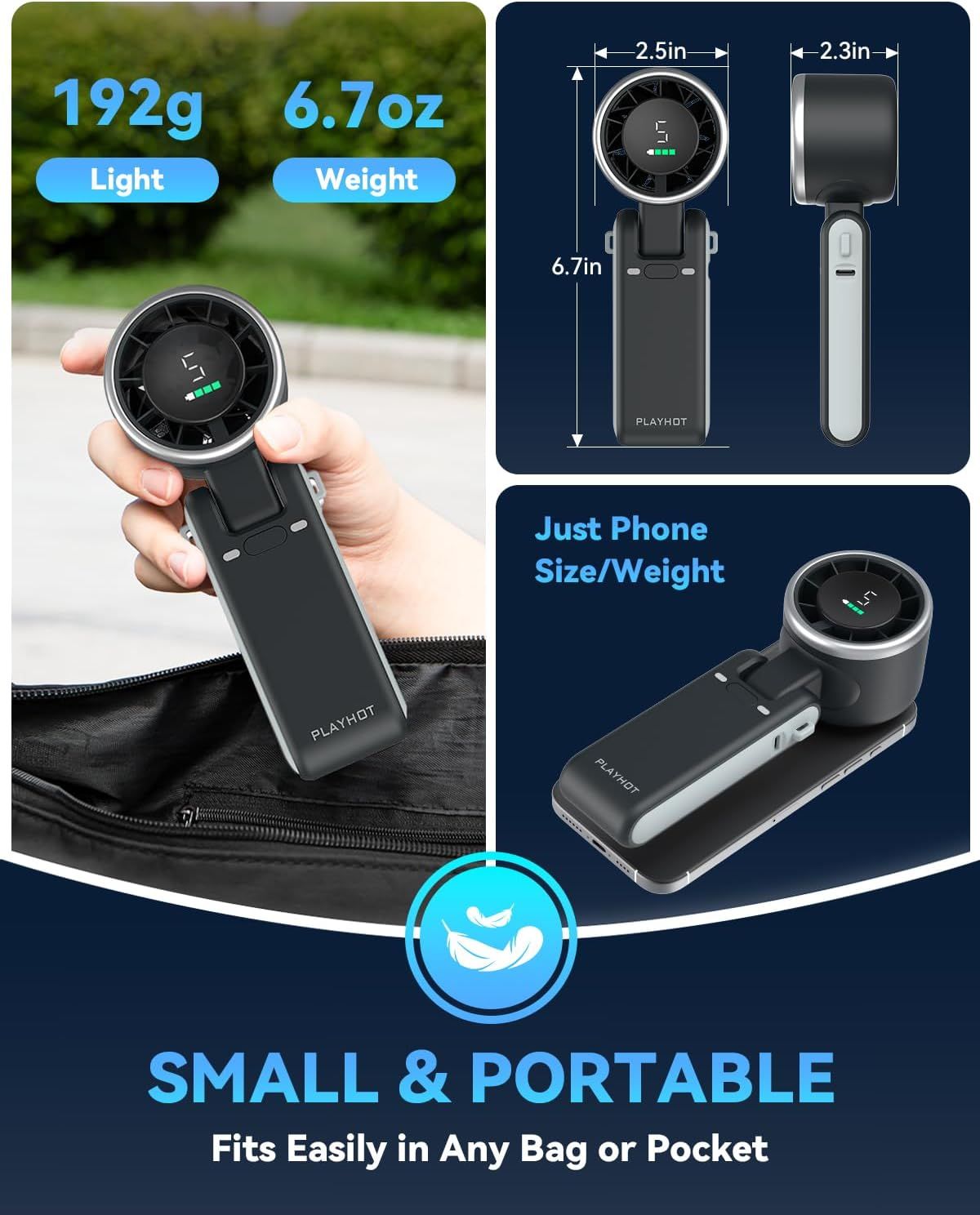 Communicates the product's portability by showing exact physical dimensions (6.7in x 2.5in x 2.3in) and lightweight specs (192g/6.7oz), reassuring shoppers…