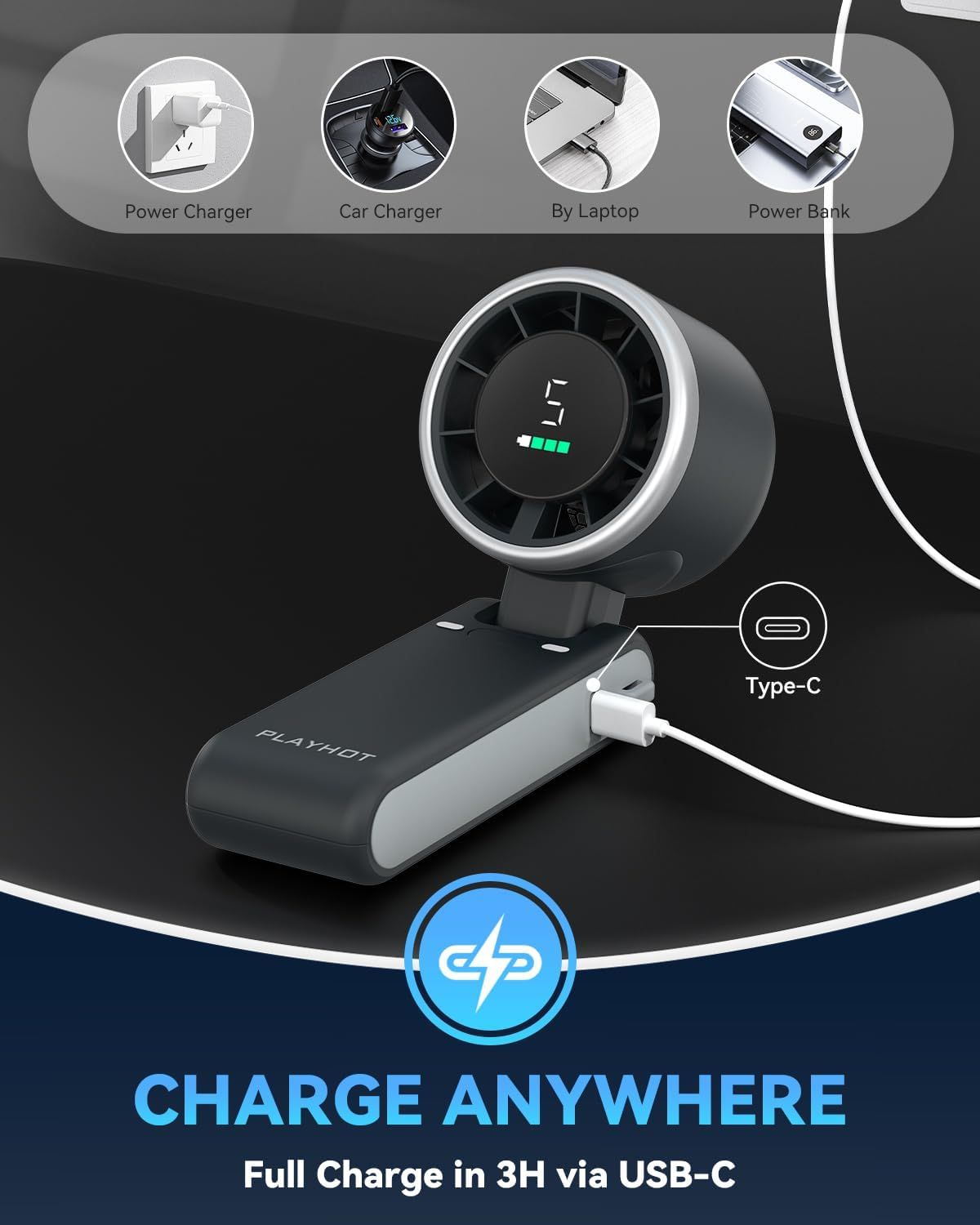 Demonstrates the product's versatility by showing it can be charged via multiple methods (power charger, car charger, laptop, power bank), reassuring shoppers…
