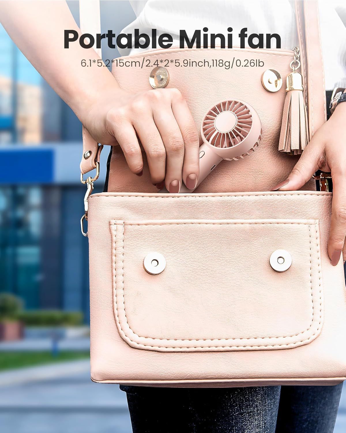 Communicates the exact physical dimensions and weight of the mini fan to reassure shoppers that it's truly portable and easy to carry. Highlights the…