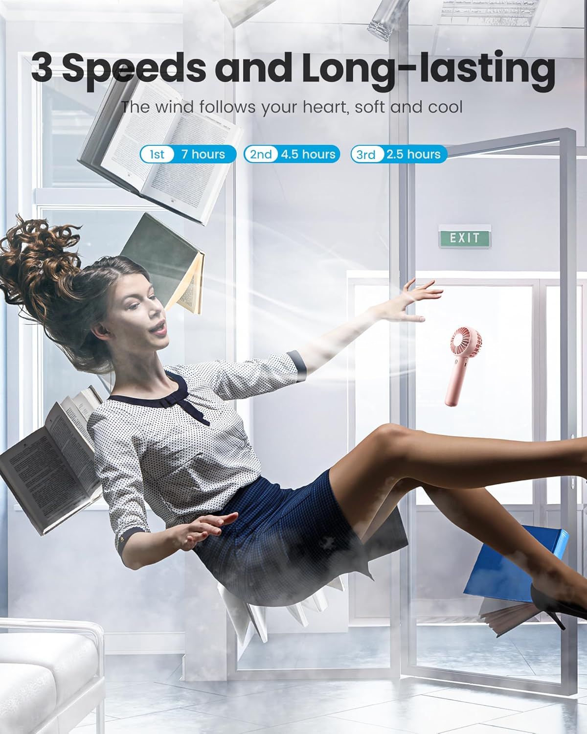 Communicates the product's battery performance across three speed settings (7 hours, 4.5 hours, 2.5 hours) to reassure shoppers about long-lasting operation…
