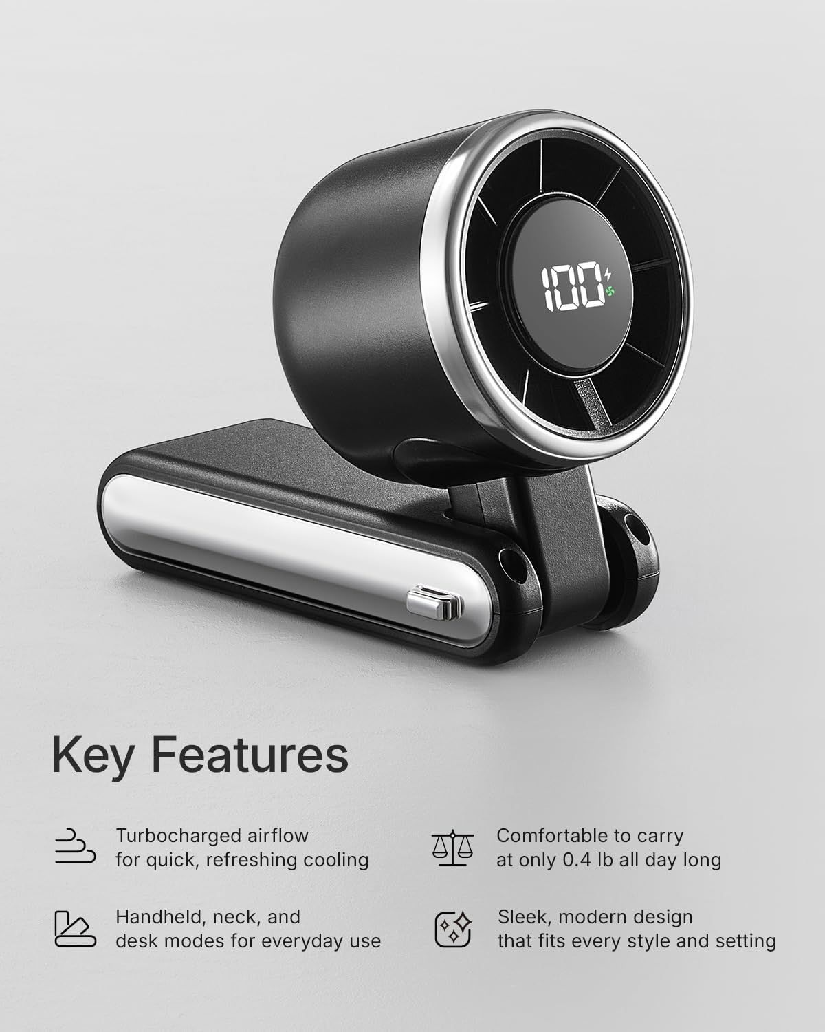 Communicates multiple distinct selling benefits of the portable fan in a segmented layout, highlighting cooling power, portability, versatility, and aesthetic…