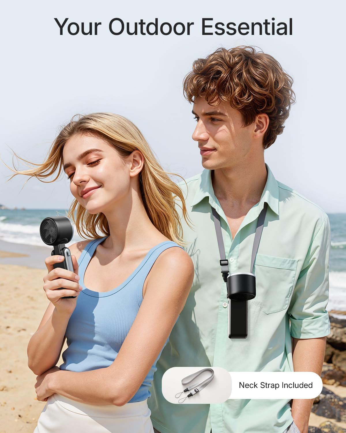 Demonstrates the product in a real-world outdoor beach setting to show shoppers how the portable fan can be used during outdoor activities and travel. Informs…