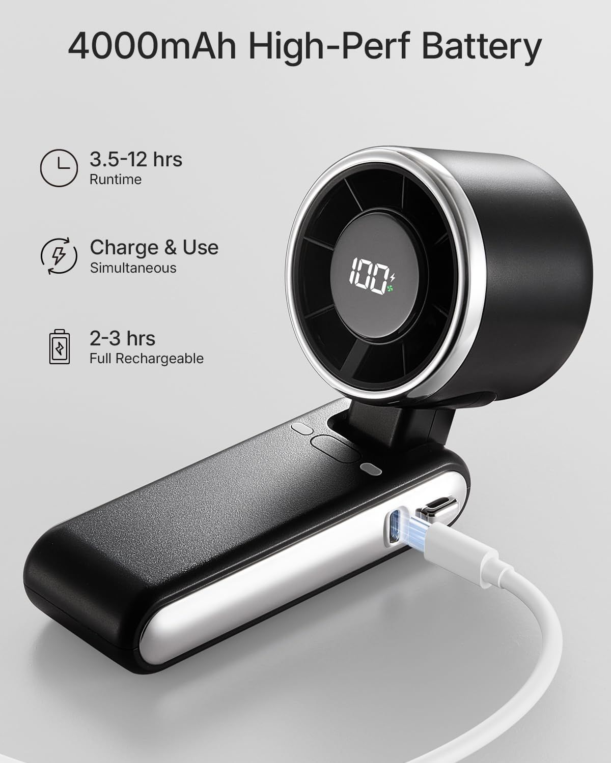 Communicates multiple battery-related benefits in a segmented layout with icons, showing the product's high capacity, long runtime, simultaneous…