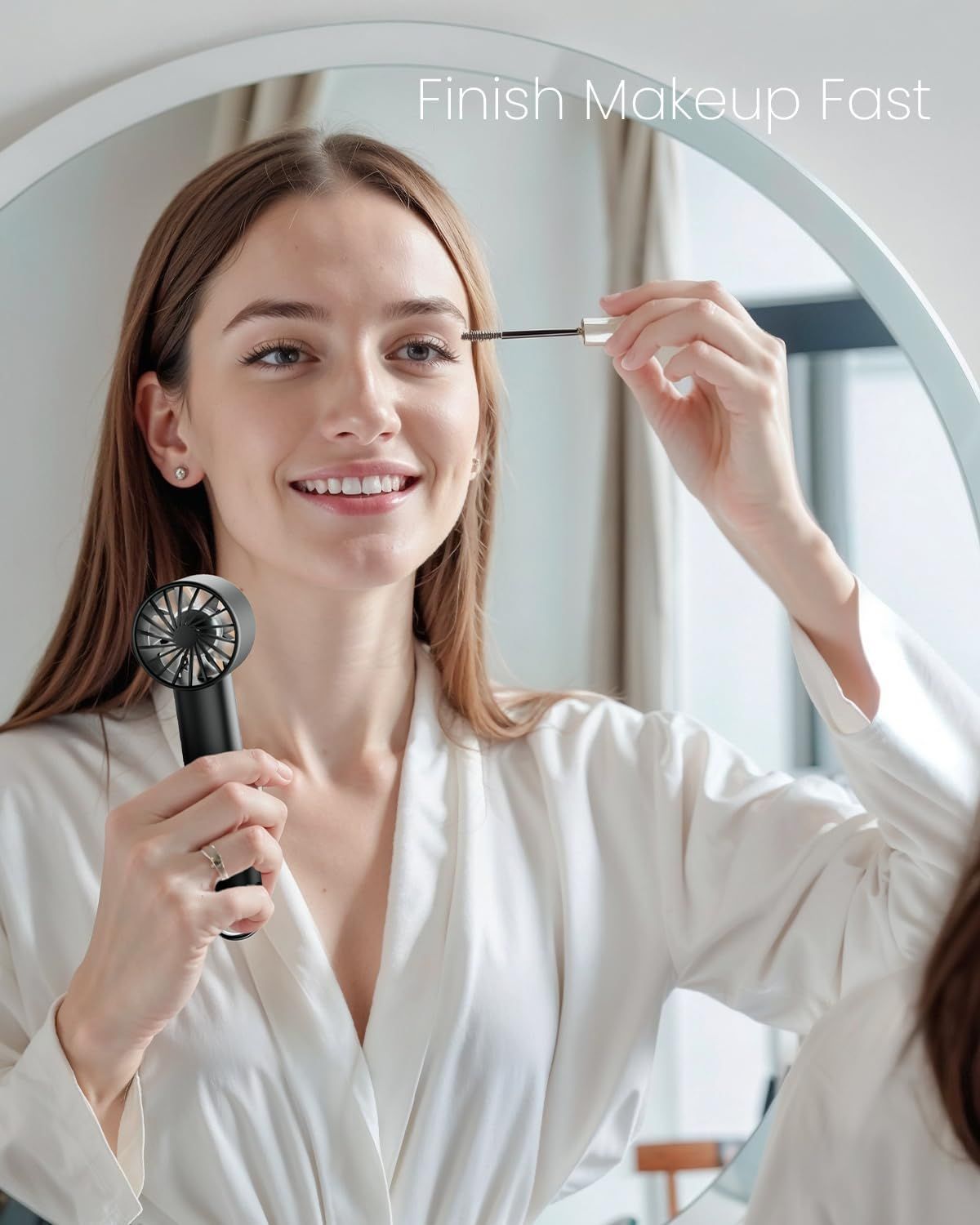 Communicates that the handheld fan helps users finish their makeup quickly by speeding up drying time, appealing to shoppers who value time-saving beauty…